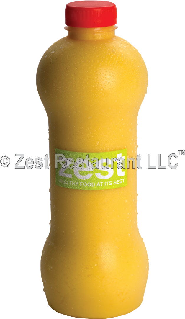 Zest Restaurant 黃色冰沙瓶 壁紙 — 一個冰凍的黃色果汁瓶，帶有紅色蓋子和綠色標籤，立在純黑色背景前。