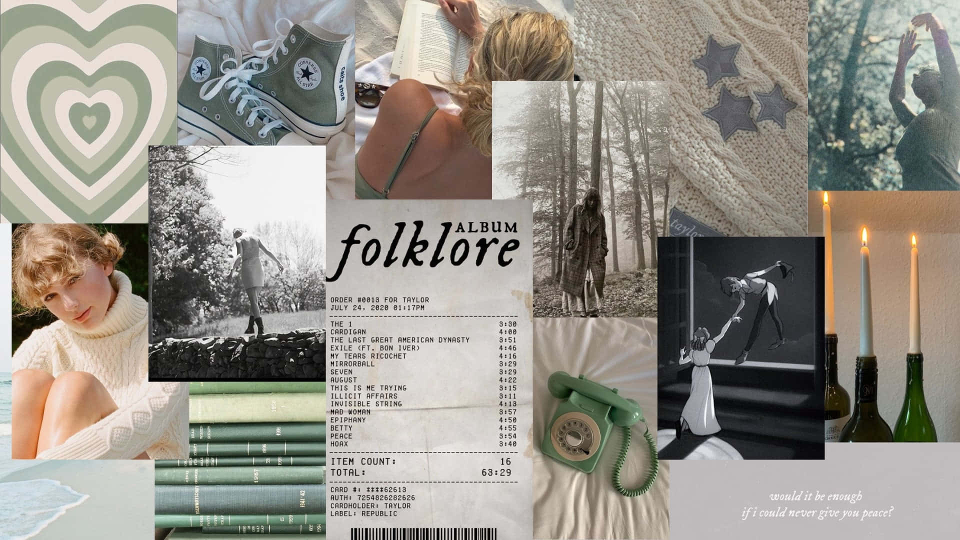  壁紙 — 一張懷舊的Taylor Swift《folklore》專輯藝術拼貼， featuring 復古綠色電話、書籍、心形圖案和陰鬱的森林場景。