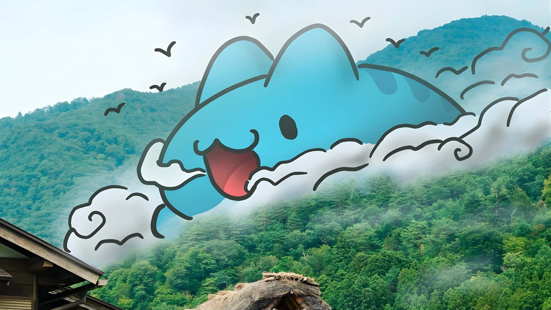  壁紙 — 一隻快樂的卡通海豚在迷霧雲層中歡快地跳躍，下方是鬱鬱蔥蔥的綠色山林，鳥兒在頭頂飛翔。