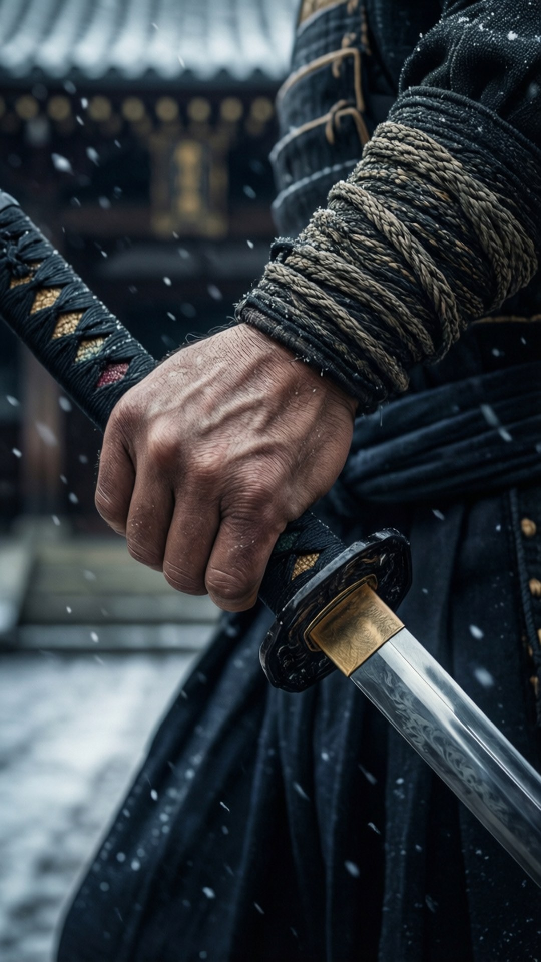 Ronin 桌布 壁紙 — 一隻歷經風霜的手在飄雪中握著武士刀柄，背景是模糊的傳統日本建築。