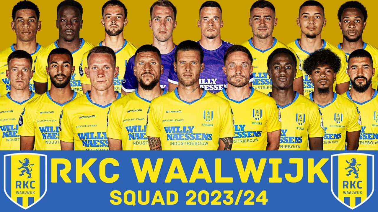  壁紙 — 職業足球隊RKC Waalwijk身穿黃色球衣，在鮮黃色背景前擺姿勢，背景有藍色橫幅。
