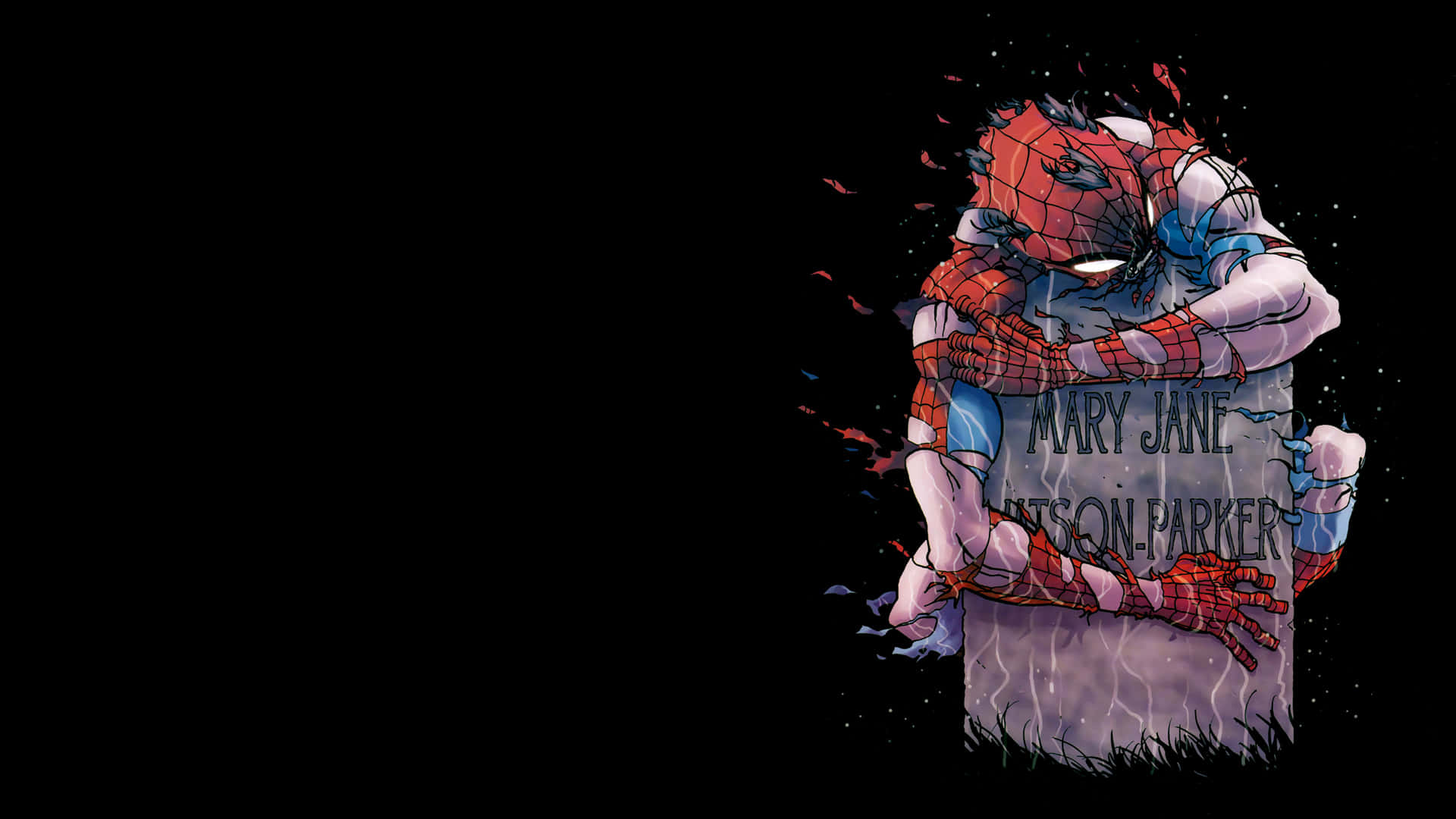 Spider-man Reign 桌布 壁紙 — 蜘蛛俠喺黑色背景同血跡斑斑嘅情況下，緊握刻有 Mary Jane Watson-Parker 嘅墓碑。