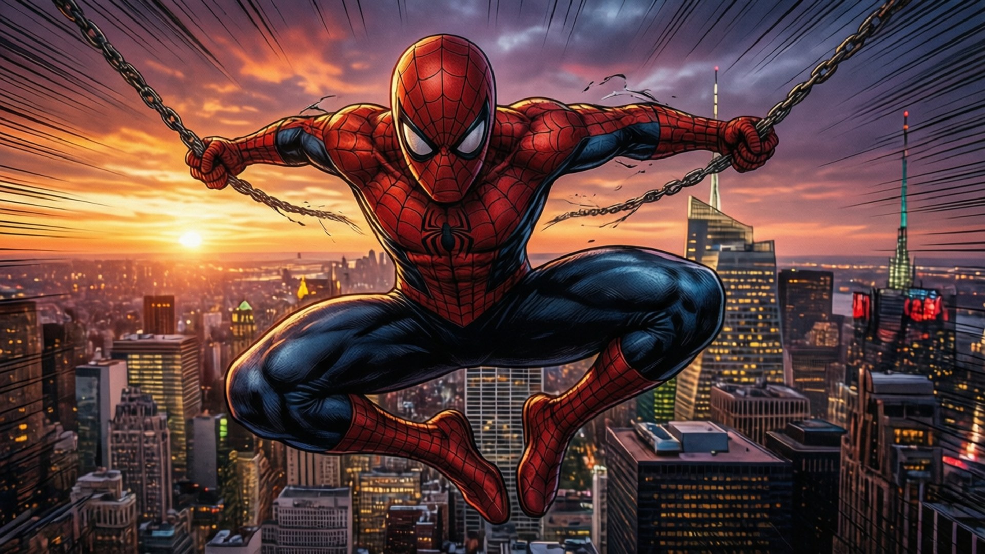 Marvel's Spider-Man 桌布 壁紙 — 蜘蛛俠在日落時分雙手拿著鎖鏈，在充滿活力的橙色和紫色天空背景下，穿梭於城市天際線。
