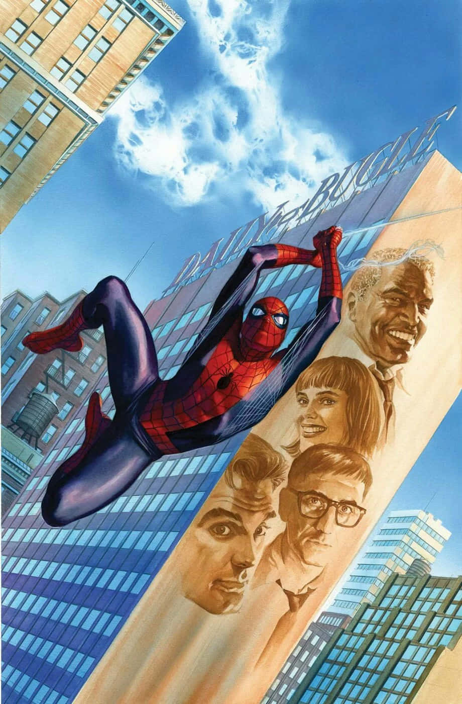 Daily Bugle 桌布 壁紙 — 蜘蛛俠喺明亮藍天下穿過城市景觀，經過一個有笑臉嘅廣告牌。