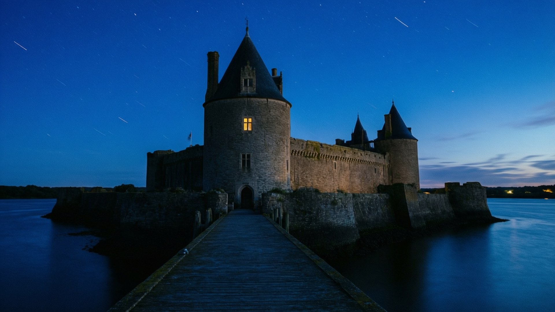 Twilight Over Orgueil 壁紙 — 一座中世紀城堡矗立在水島上，星空暮色下，一扇發光的窗戶和長時間曝光的星軌。