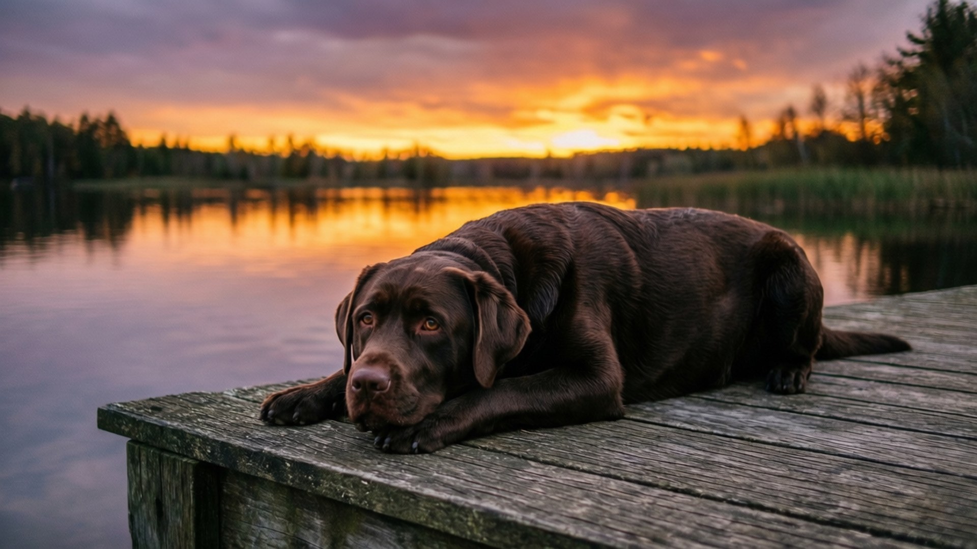 Dock Serenity 壁紙 — 一隻朱古力色的拉布拉多犬在風化的木碼頭上平靜地休息，背後熾熱的夕陽染紅了天空，並倒映在平靜的湖面上。