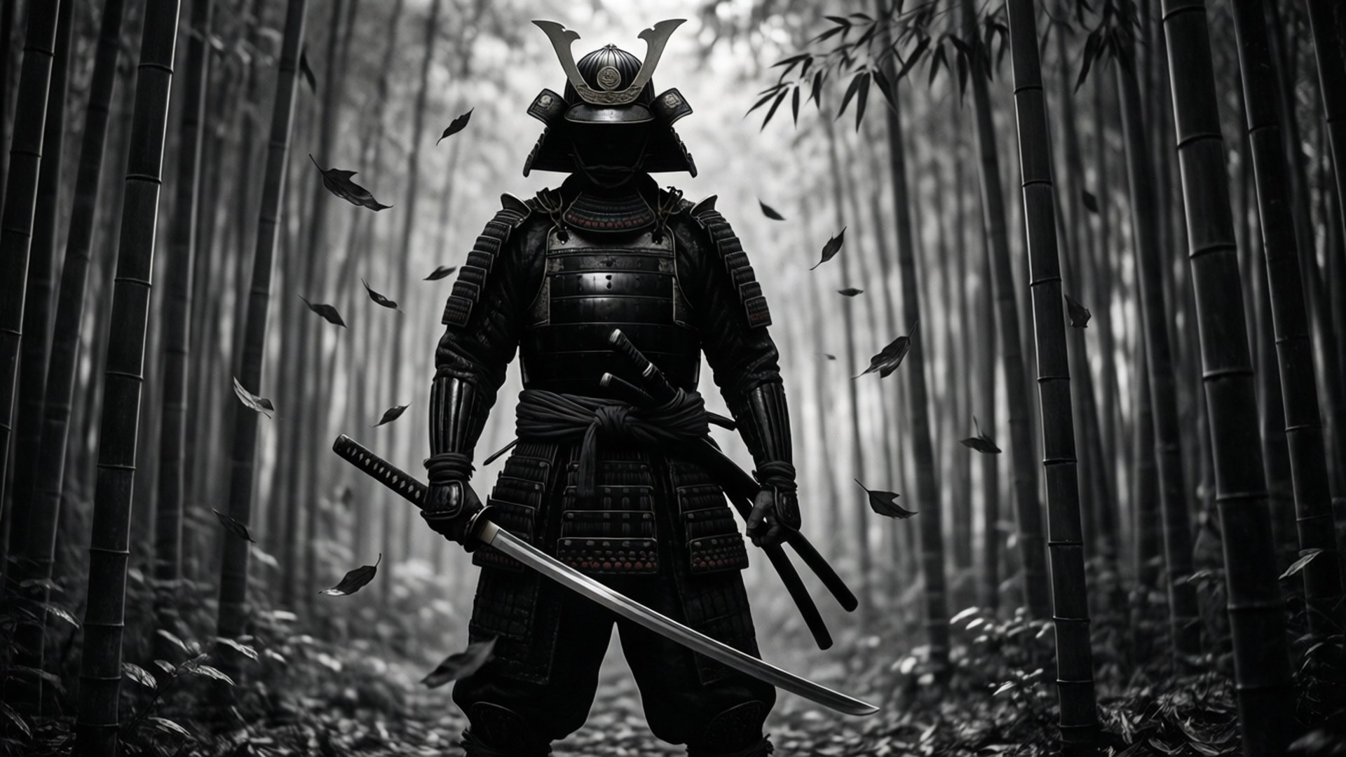 竹林中的武士與飄落的樹葉