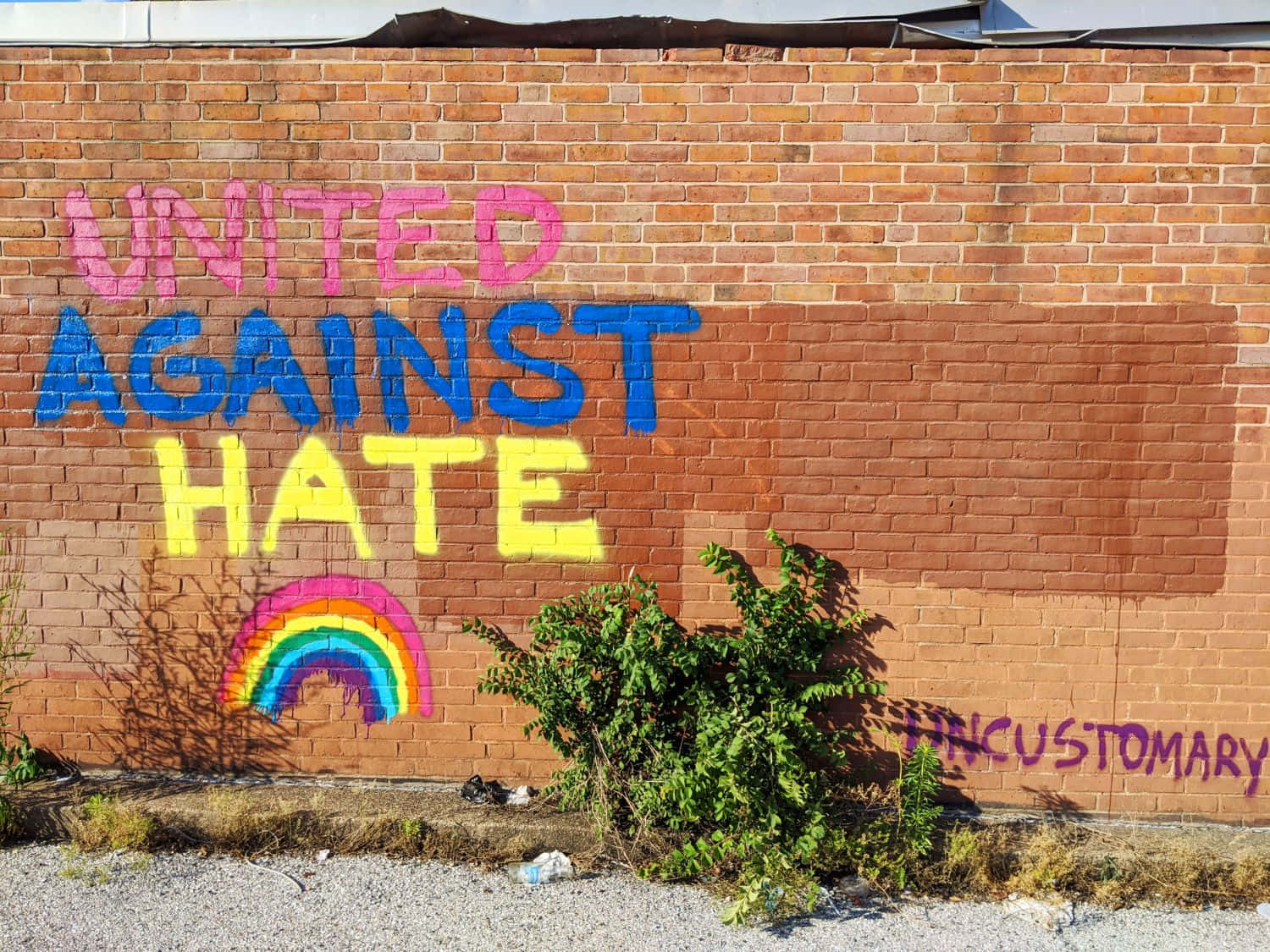 Rainbow Graffiti 桌布 壁紙 — 磚牆上色彩繽紛的塗鴉寫著「UNITED AGAINST HATE」，下方有彩虹，旁邊是陽光下的綠色灌木。