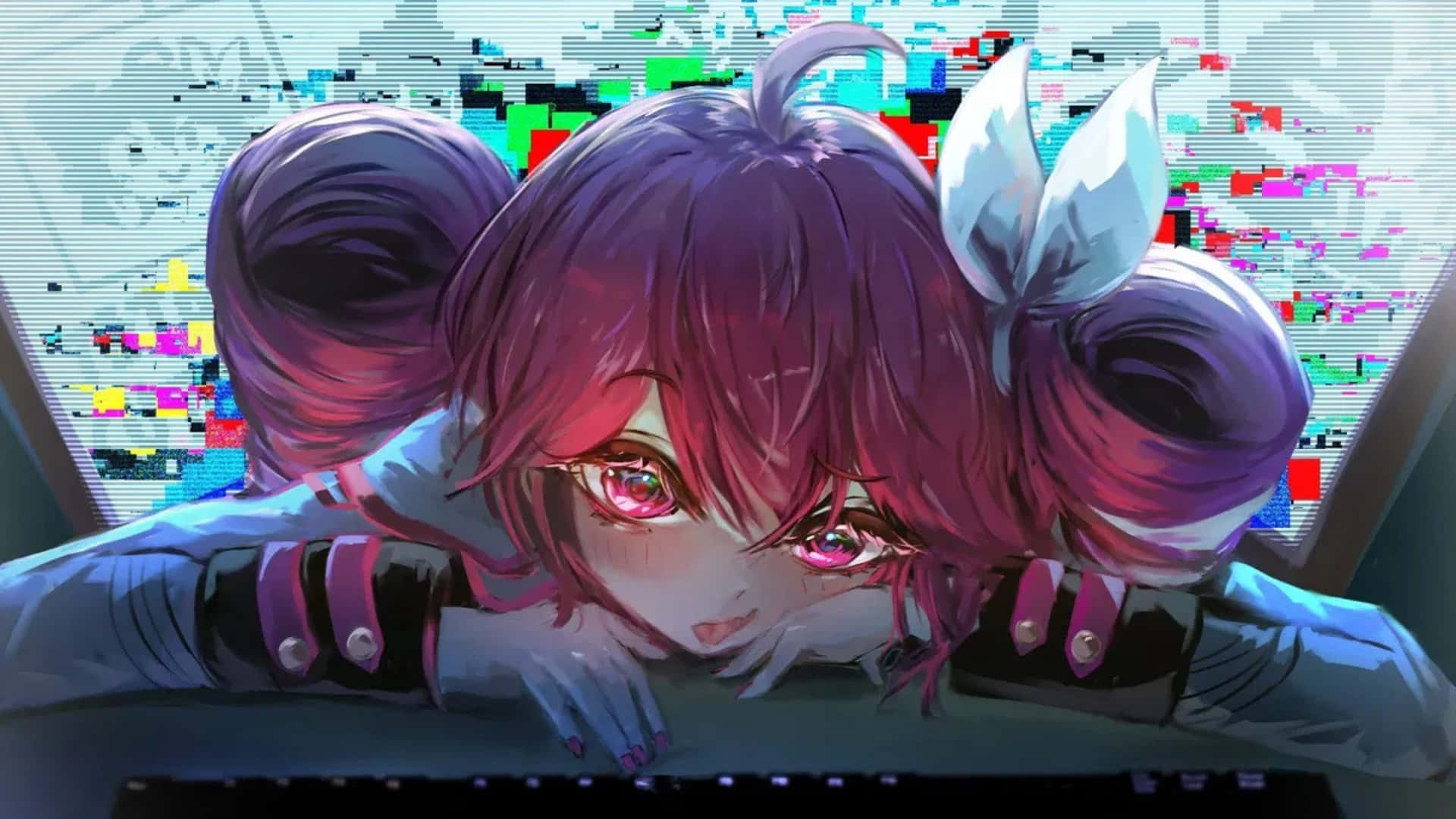  壁紙 — 一個紫髮的動漫女孩戴著兔耳，俯身於一個故障畫面上，發光的粉紅色眼睛凝視著。