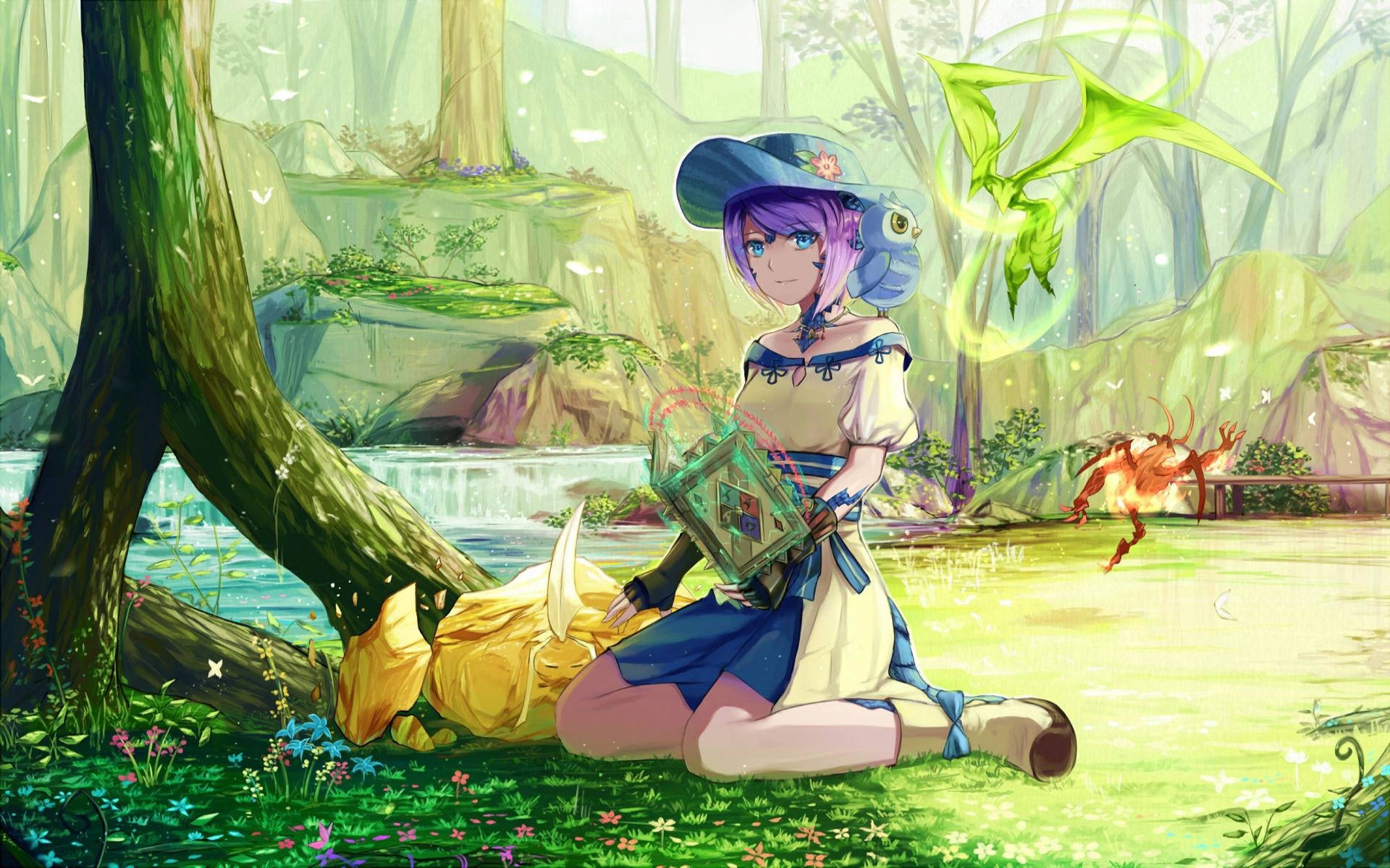 Final Fantasy 14 霓虹綠森林 壁紙 — 紫髮動漫女孩跪在陽光明媚的森林中，手持一本書，附近有一隻發光的綠色龍在飛翔。