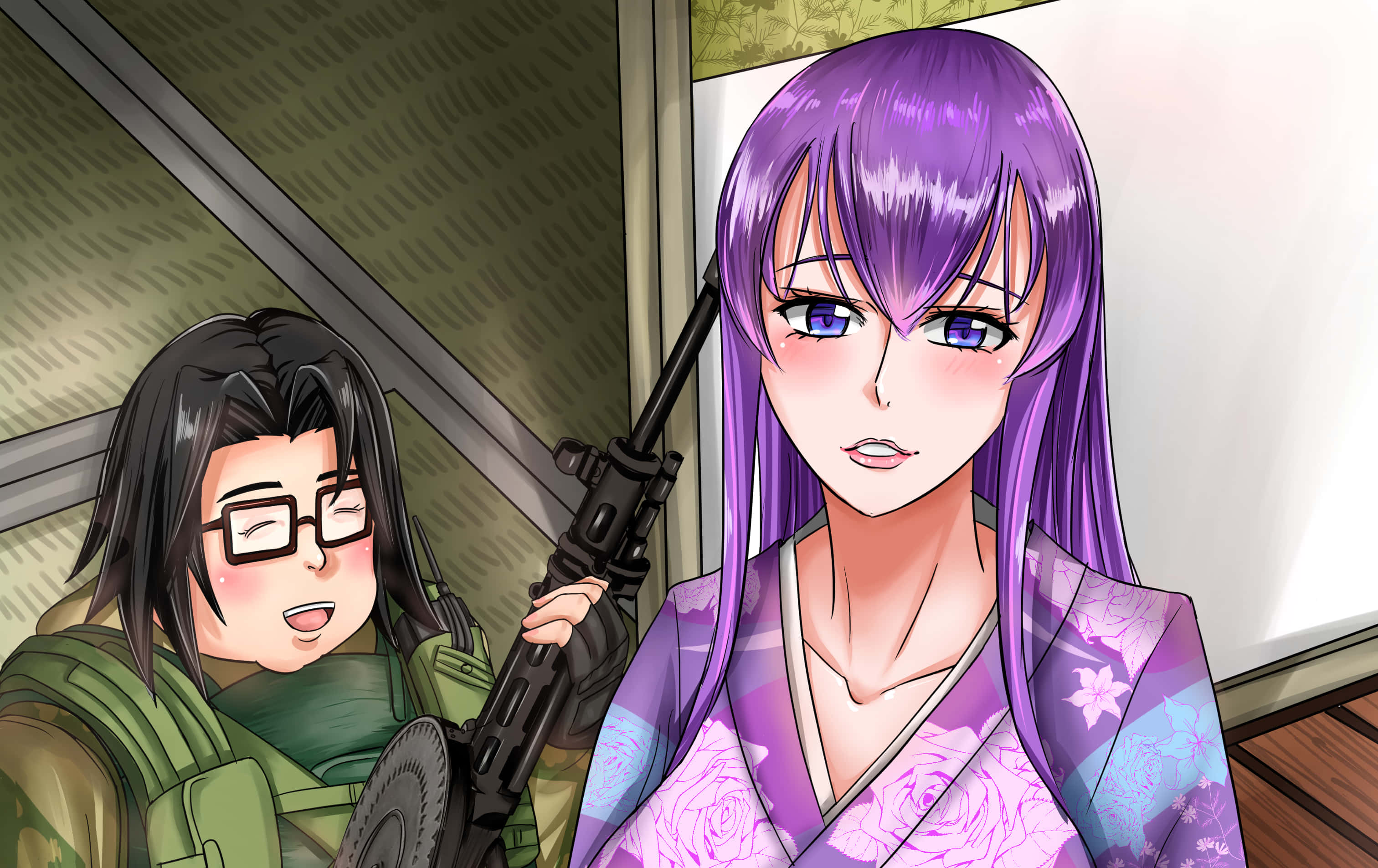 Saeko Busujima 桌布 壁紙 — 一位紫髮動漫女性穿著花卉和服，手持步槍，而一位戴眼鏡的同伴在軍事風格的室內微笑著站在她旁邊。