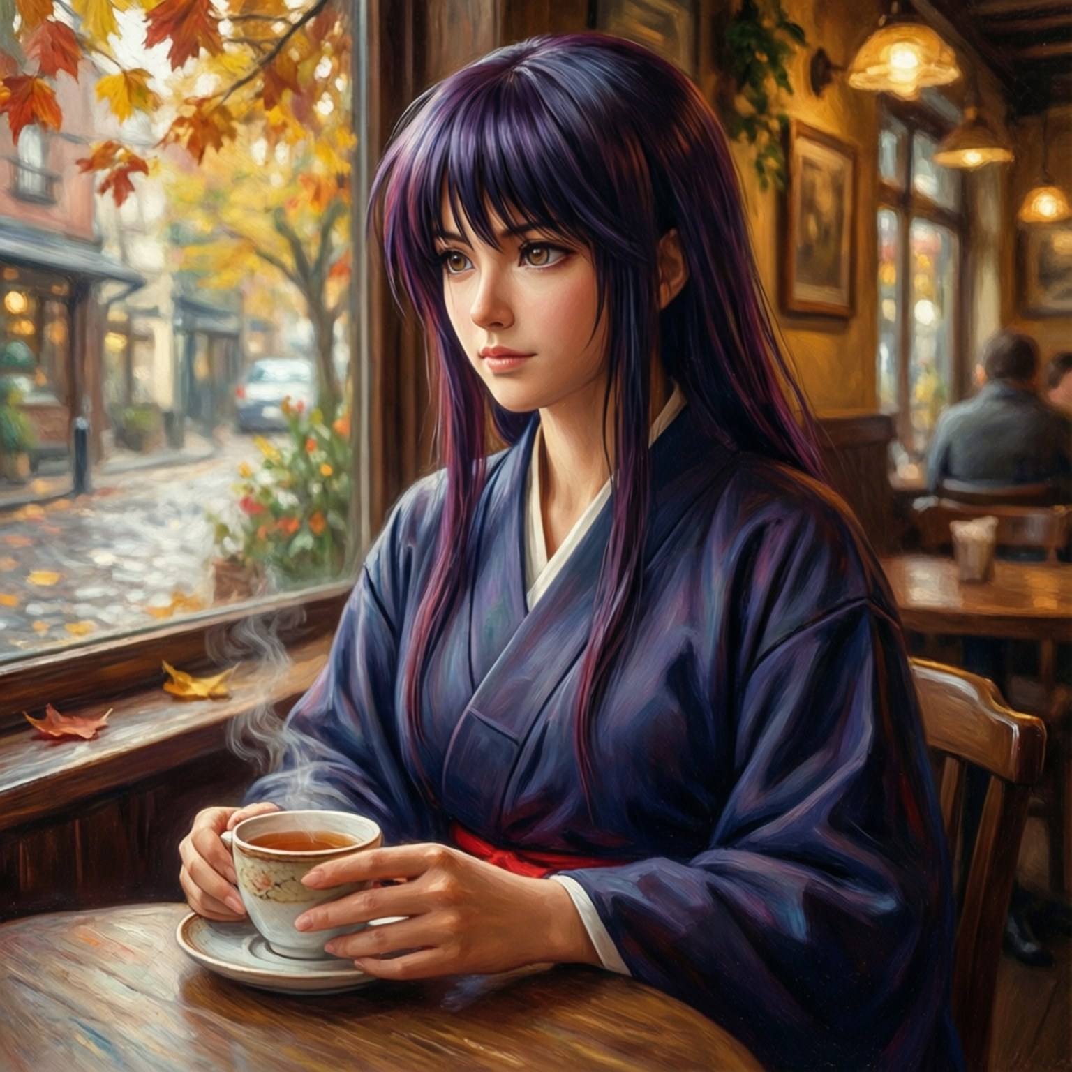 Rukia 桌布 壁紙 — 一位紫髮年輕女子身穿藍色和服，在木製咖啡桌旁啜飲熱茶，窗外秋葉飄落。