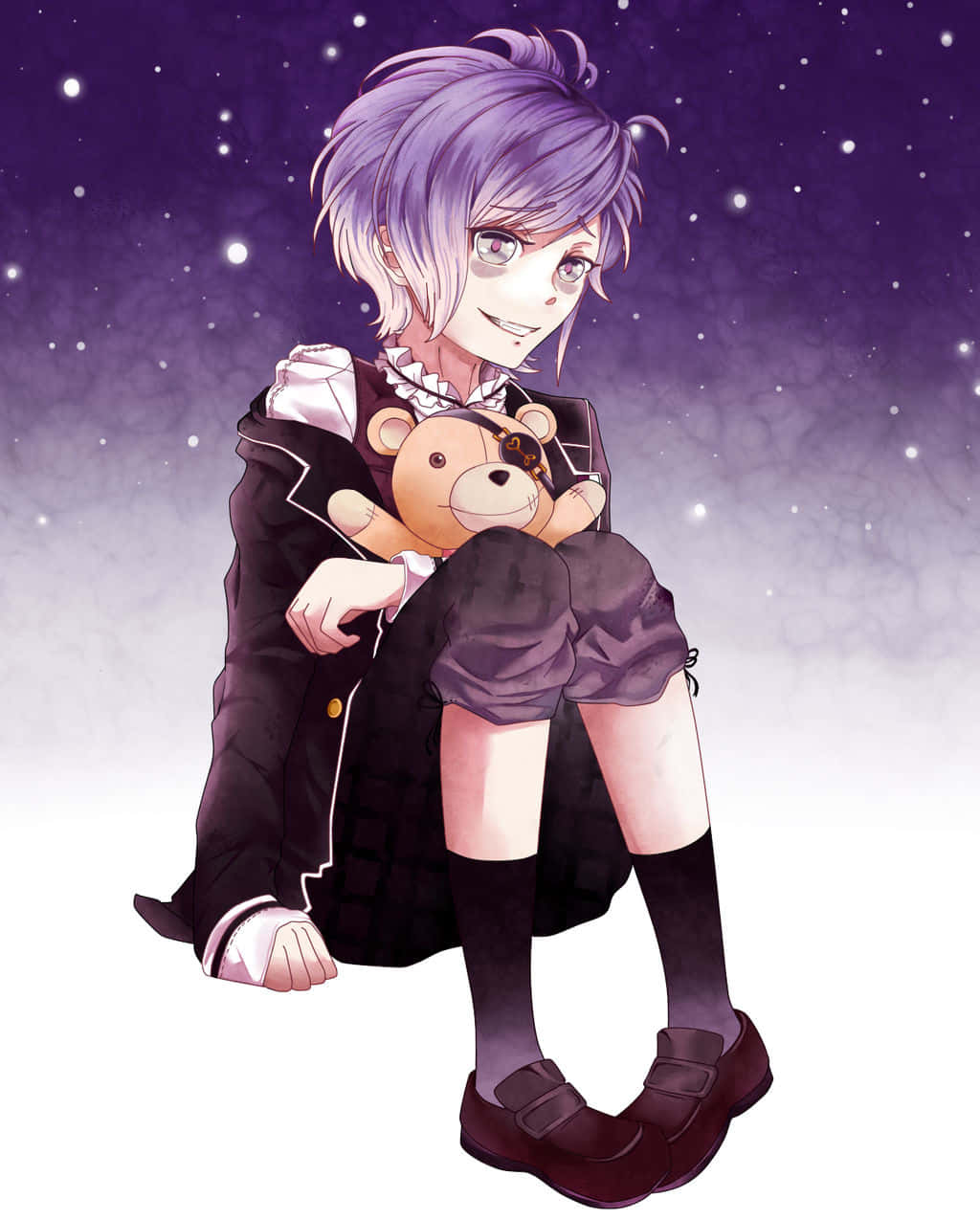  壁紙 — 一個紫髮動漫男孩穿著黑色校服盤腿坐著，在繁星點點的紫色夜空下抱著一隻泰迪熊。