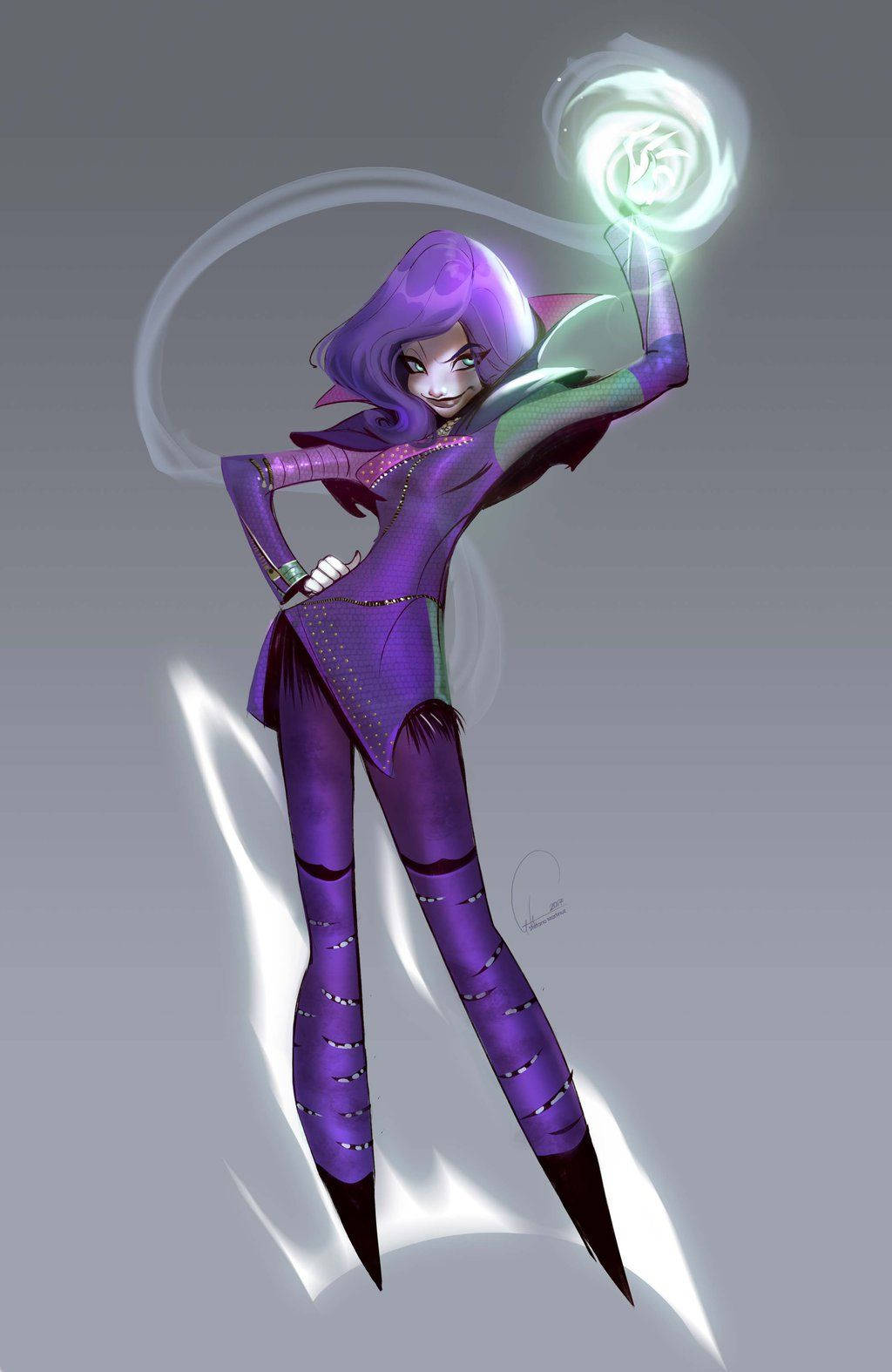 紫髮女巫以動漫風格施展發光的綠色魔法。