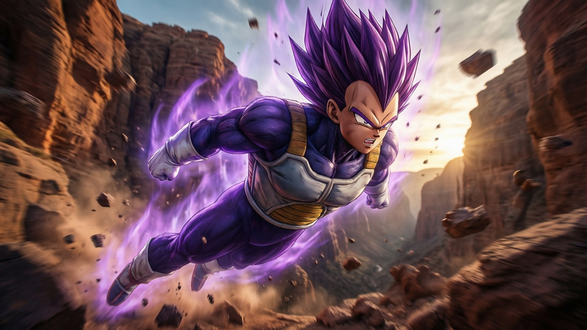 Vegeta Ultra Ego 桌布 壁紙 — 一位紫髮撒亞人戰士在日落時飛過峽谷，身後留下一道紫色能量和飛石的痕跡。