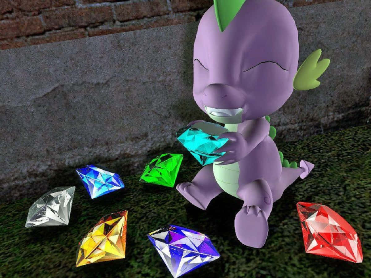Chaos Emeralds 桌布 壁紙 — 一隻紫色嘅BB龍，有綠色嘅刺，喺磚牆附近嘅草地上開心咁揸住一粒發光嘅青色鑽石，周圍有色彩繽紛嘅寶石。