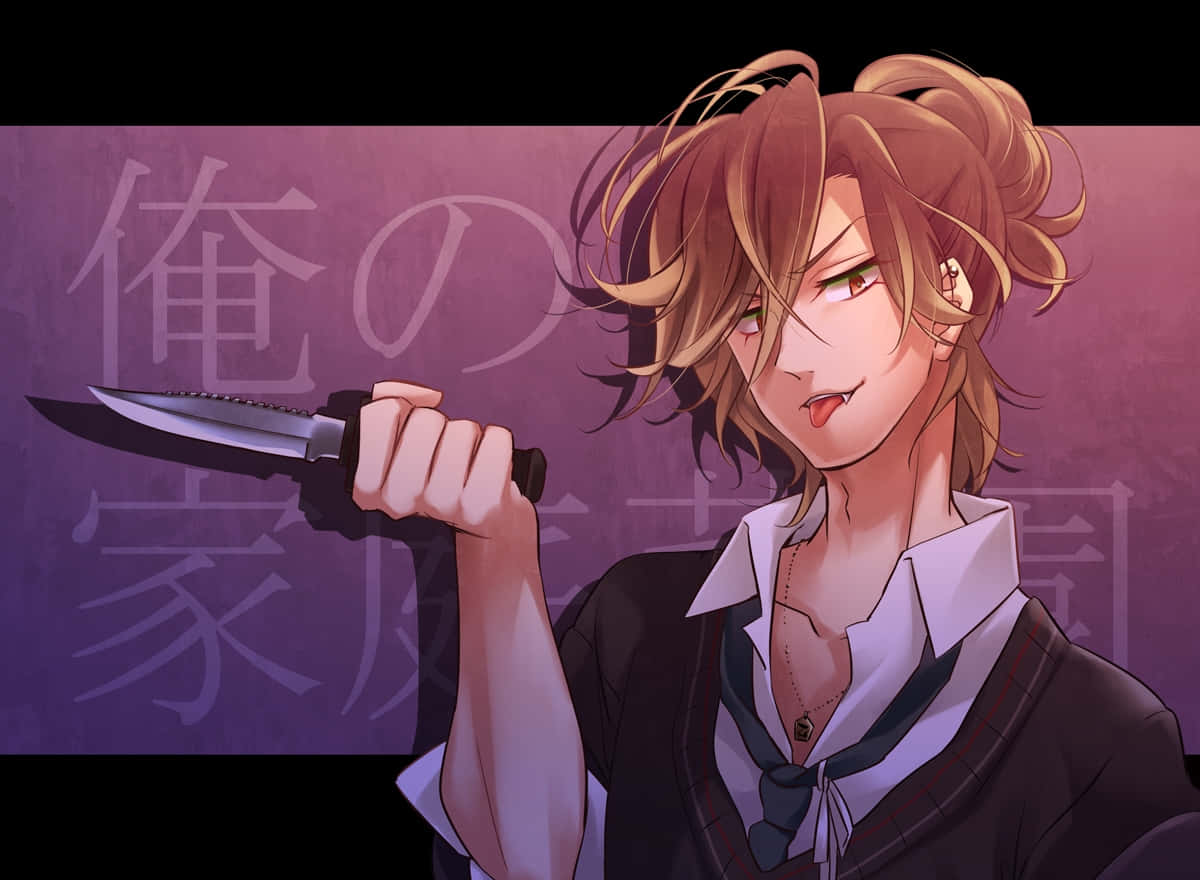  壁紙 — 一個自信的動漫男孩，凌亂的棕色頭髮，在帶有日語文字的紫色背景前拿著一把刀。