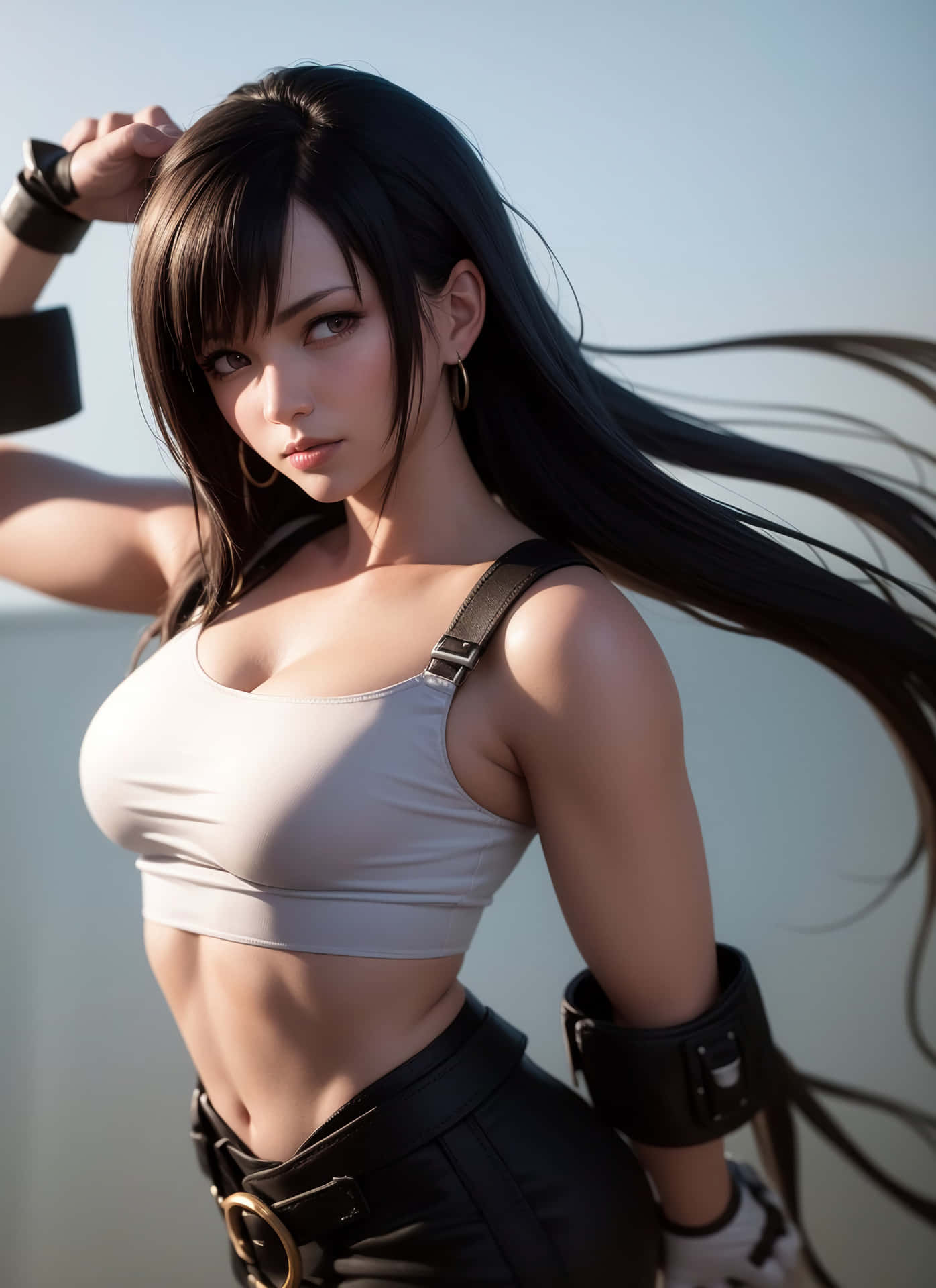  壁紙 — 一位自信的動漫風格女性，長黑髮，穿著運動服，在明亮的天空下擺姿勢。