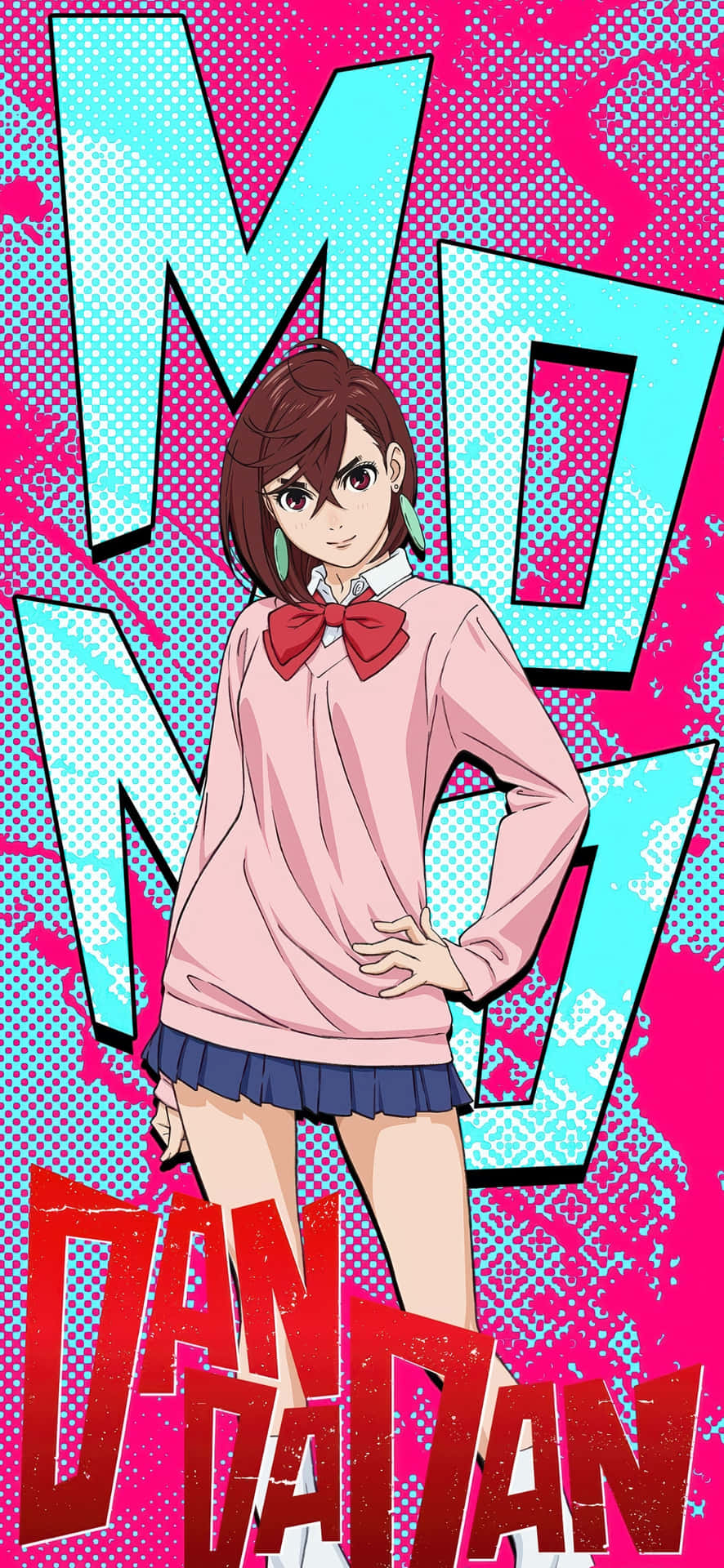  壁紙 — 一個自信的動漫女孩穿著粉紅色校服，大膽地站在充滿活力的粉紅色和青色背景前，帶有粗體的漫畫風格字體。