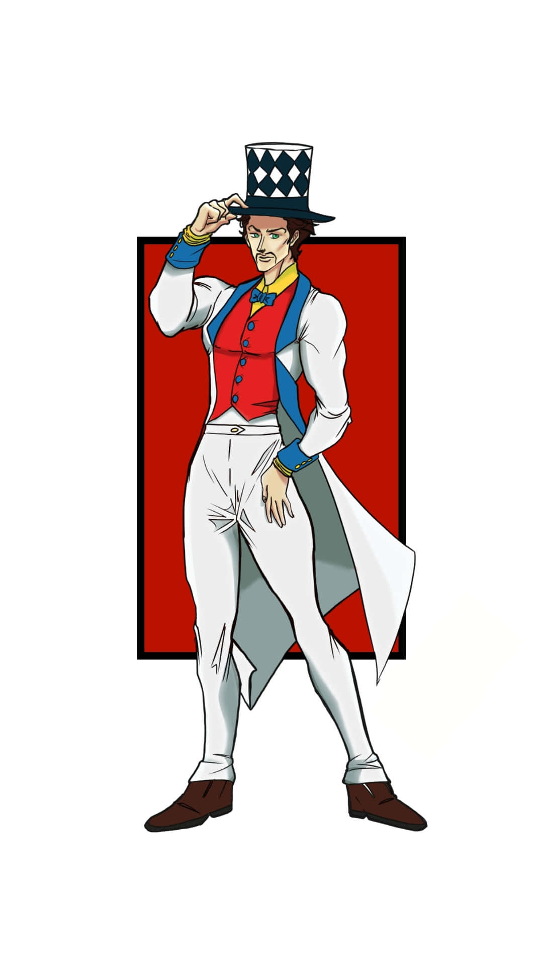  壁紙 — 一個自信滿滿的動漫男子，身穿紅色背心、白色外套和格紋高帽，在鮮紅背景前擺姿勢。
