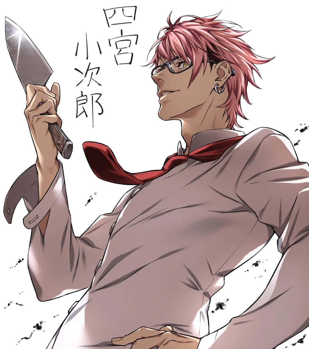Kojiro Shinomiya 桌布 壁紙 — 一位自信的動漫廚師，粉紅色頭髮戴眼鏡，手持閃亮刀具，戴著紅色領巾。