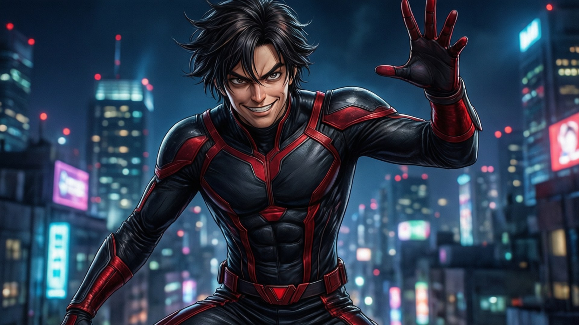 To Be Hero X 桌布 壁紙 — 一個自信的動漫超級英雄穿著黑色和紅色套裝，在夜晚霓虹燈閃爍的城市天際線前向觀眾揮手。