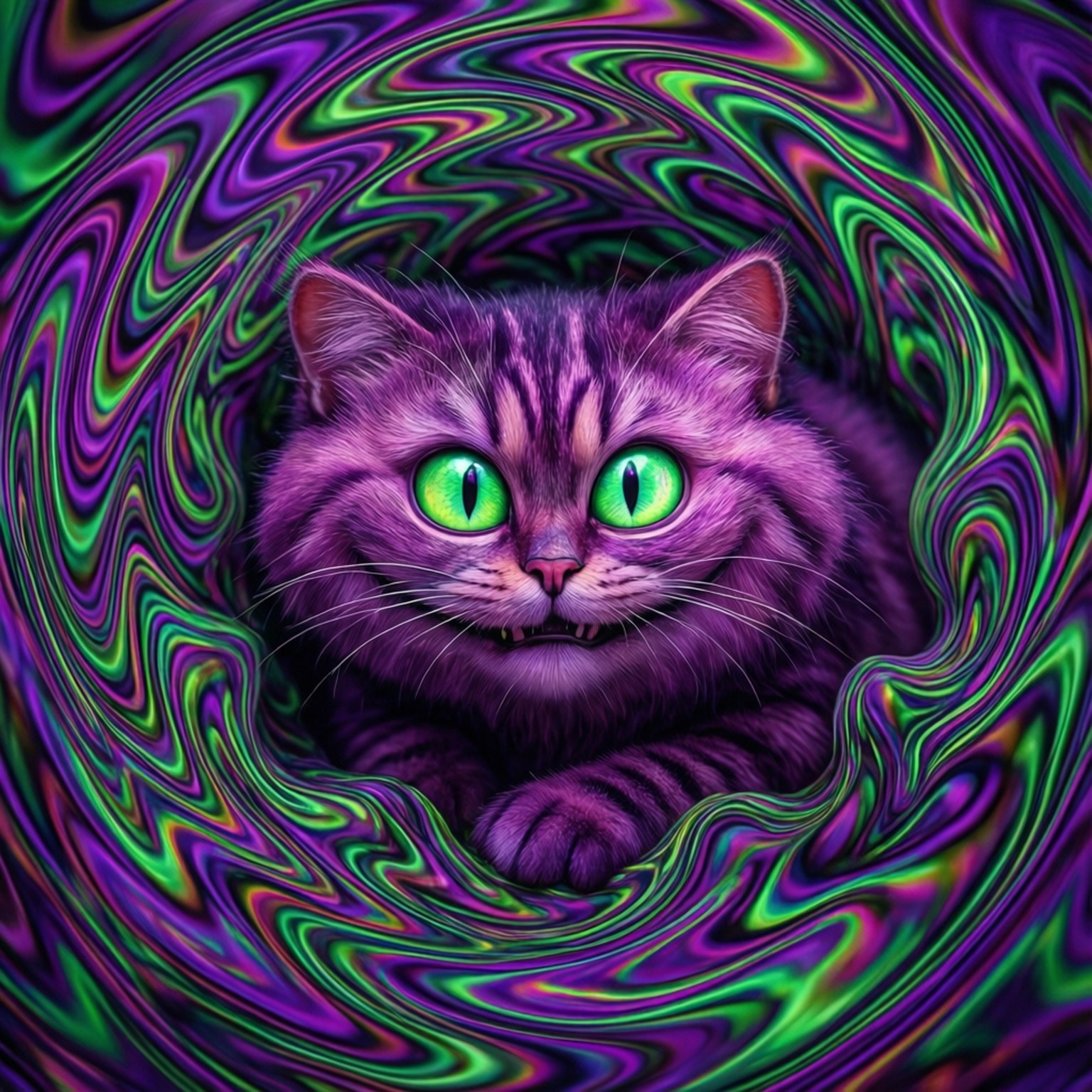 在旋轉的迷幻漩渦中，一隻眼睛發出綠色光芒的紫色貓。