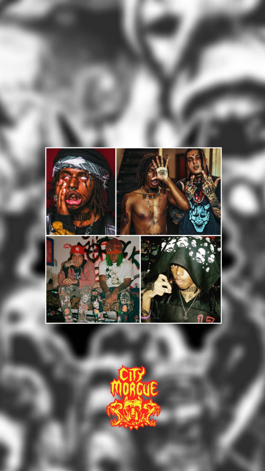 四張紋身說唱歌手的照片，帶有 'City Morgue' 標誌
