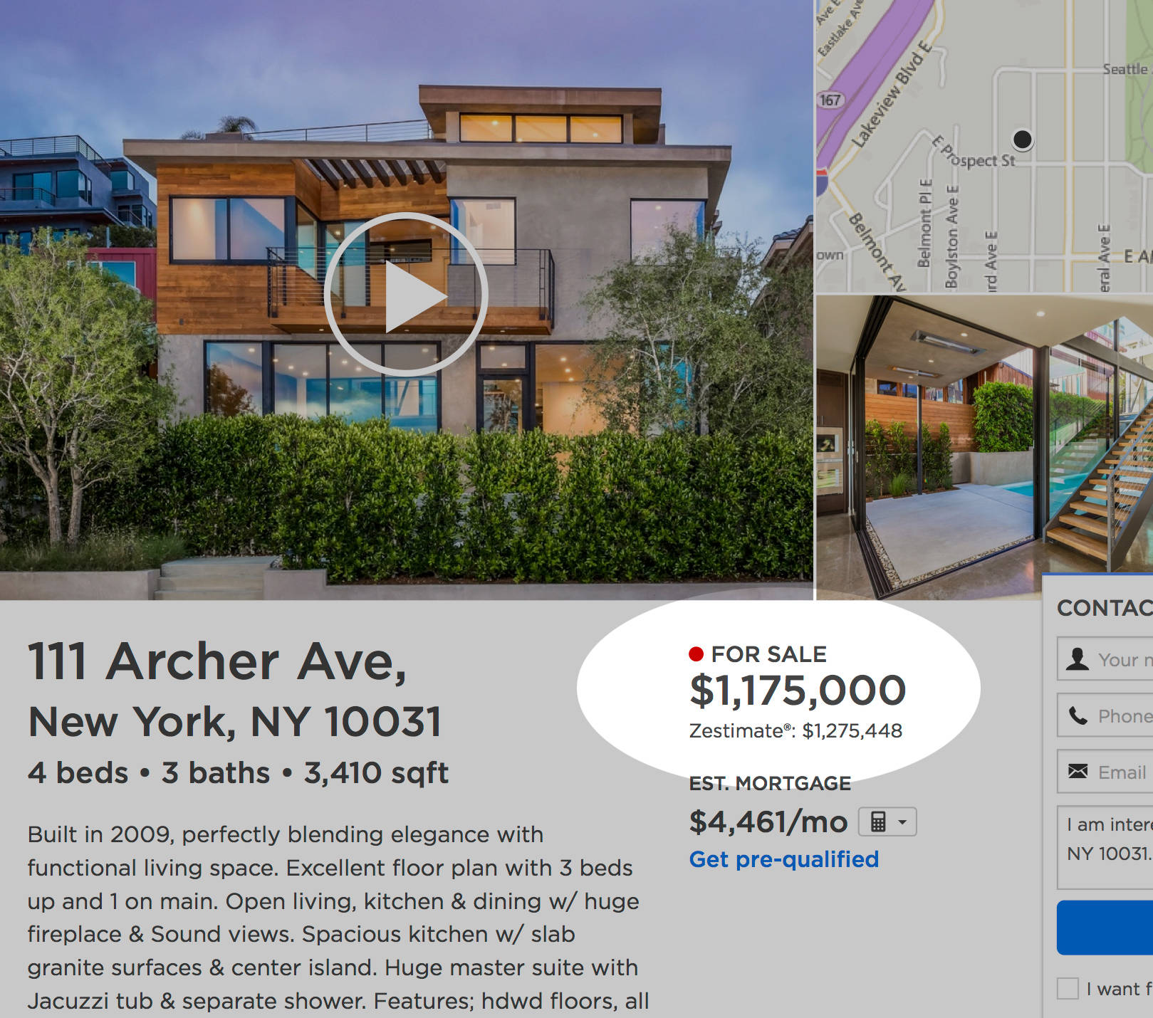 Zillow 優雅住宅 壁紙 — 現代混凝土和木屋，配有大型玻璃窗和茂密的綠色樹籬，在黃昏時分。