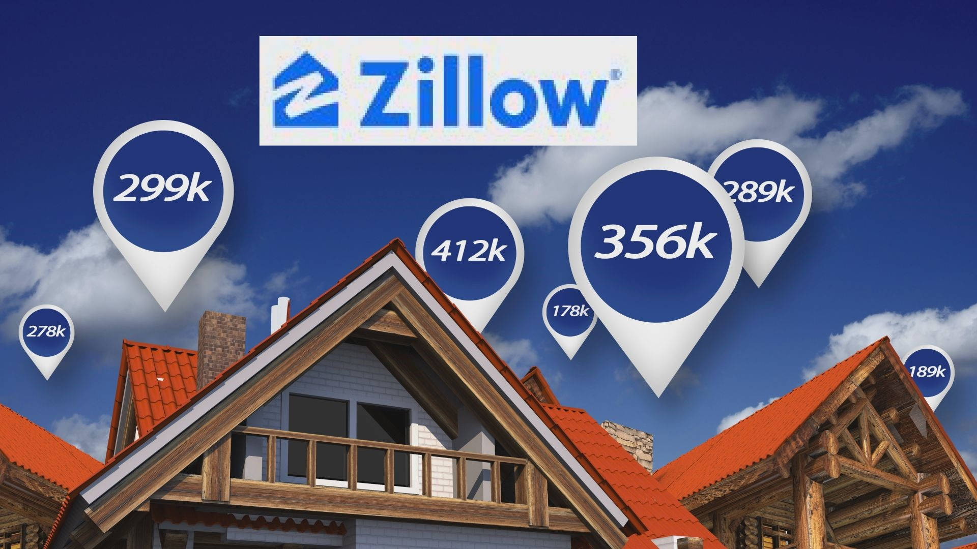 Zillow 房屋位置應用程式 壁紙 — 一間迷人的房子，紅色屋頂和木製陽台，在藍天下有Zillow價格標籤漂浮環繞。