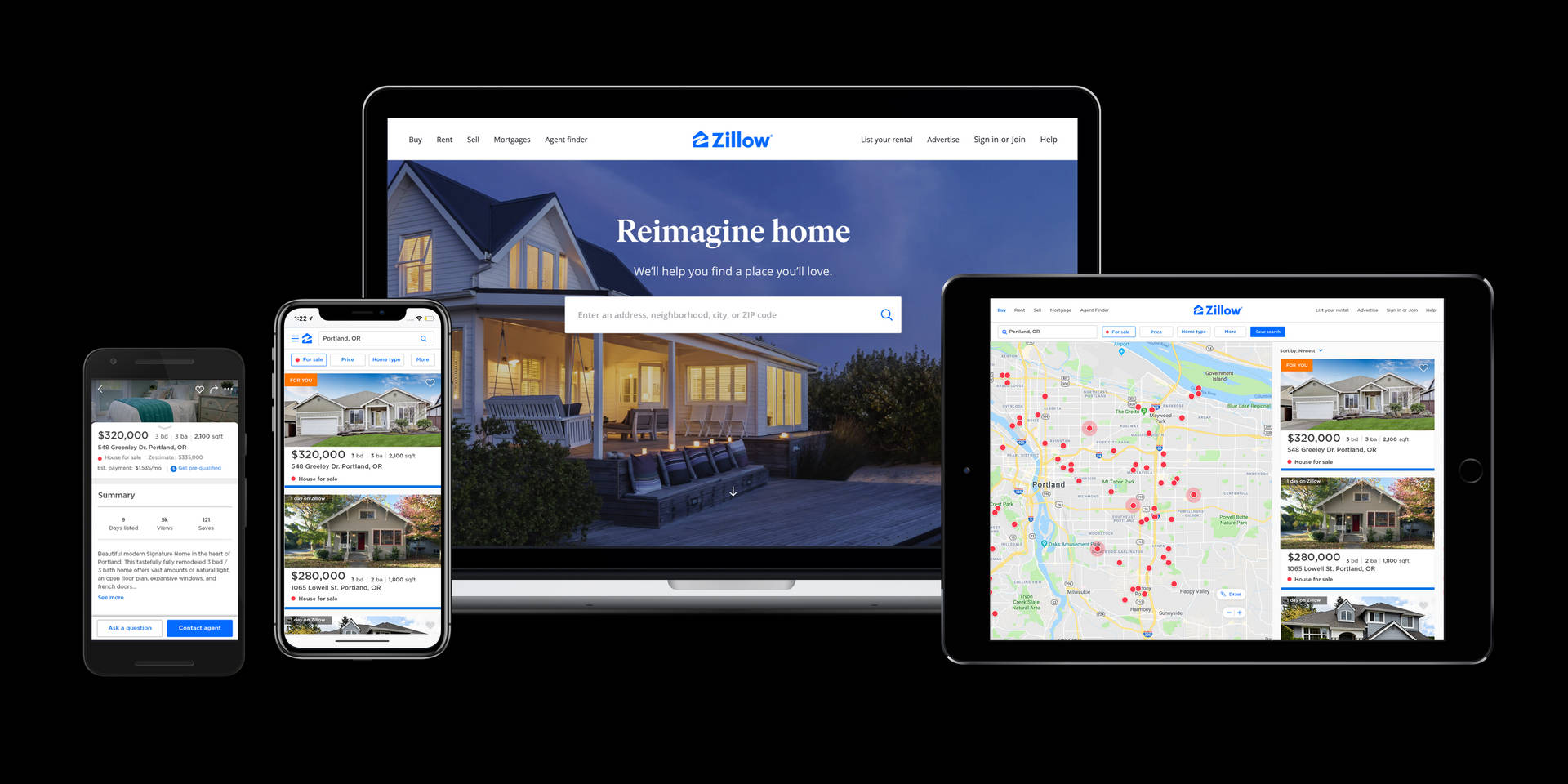 Zillow房地產應用程式在多個裝置上顯示待售房屋和地圖圖釘。
