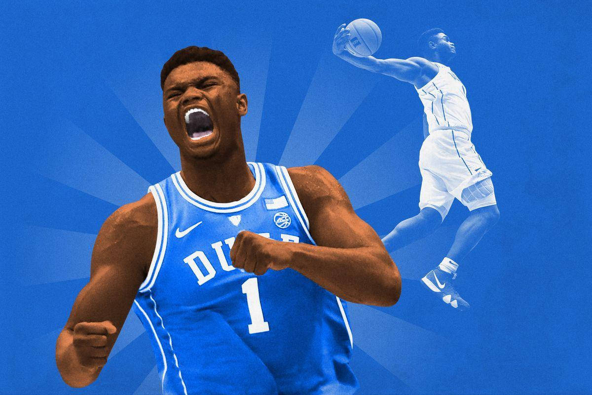 Zion Williamson 藍色 壁紙 — 一位杜克大學籃球運動員勝利地咆哮，背後是他灌籃的半透明剪影，在燦爛的藍色背景上漂浮。