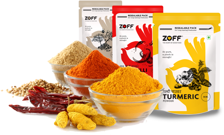 多種香料與ZOFF包裝 壁紙 — 充滿活力的碗裝薑黃、辣椒和孜然粉，周圍環繞著整粒香料和品牌可重複密封的香料包。