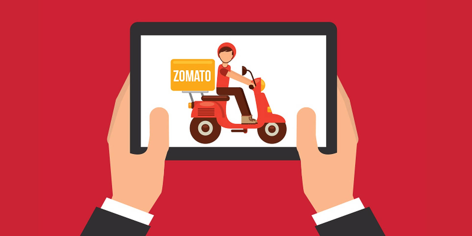 Zomato 食物外送 壁紙 — 兩隻手拿著一部平板電腦，顯示一名Zomato送貨騎手在紅色電單車上，背景為大膽的紅色。