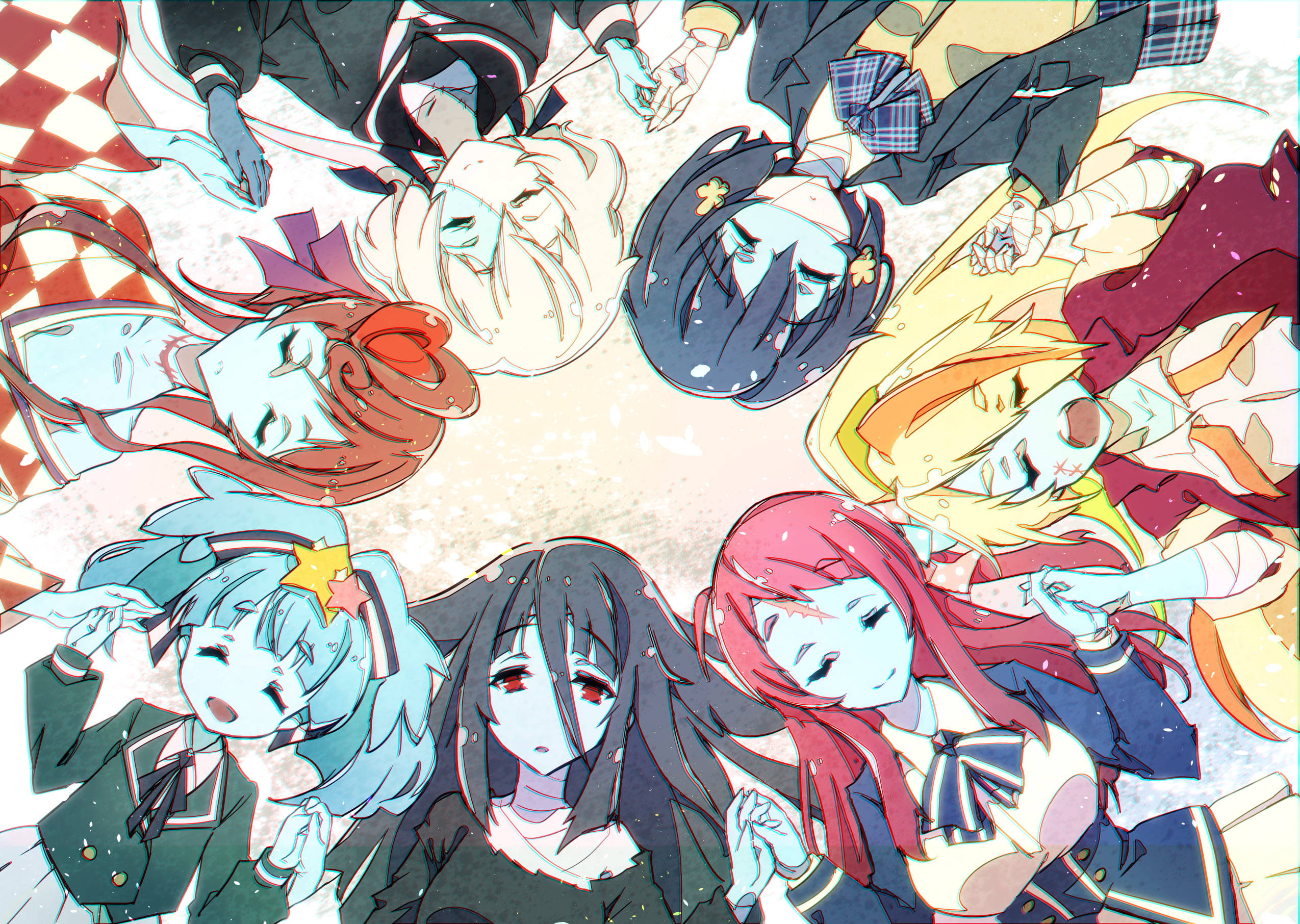 Zombie Land Saga 角色群 壁紙 — 一群穿著校服的動畫女孩躺在格子地板上圍成一個圓圈，手牽手，表情平靜。