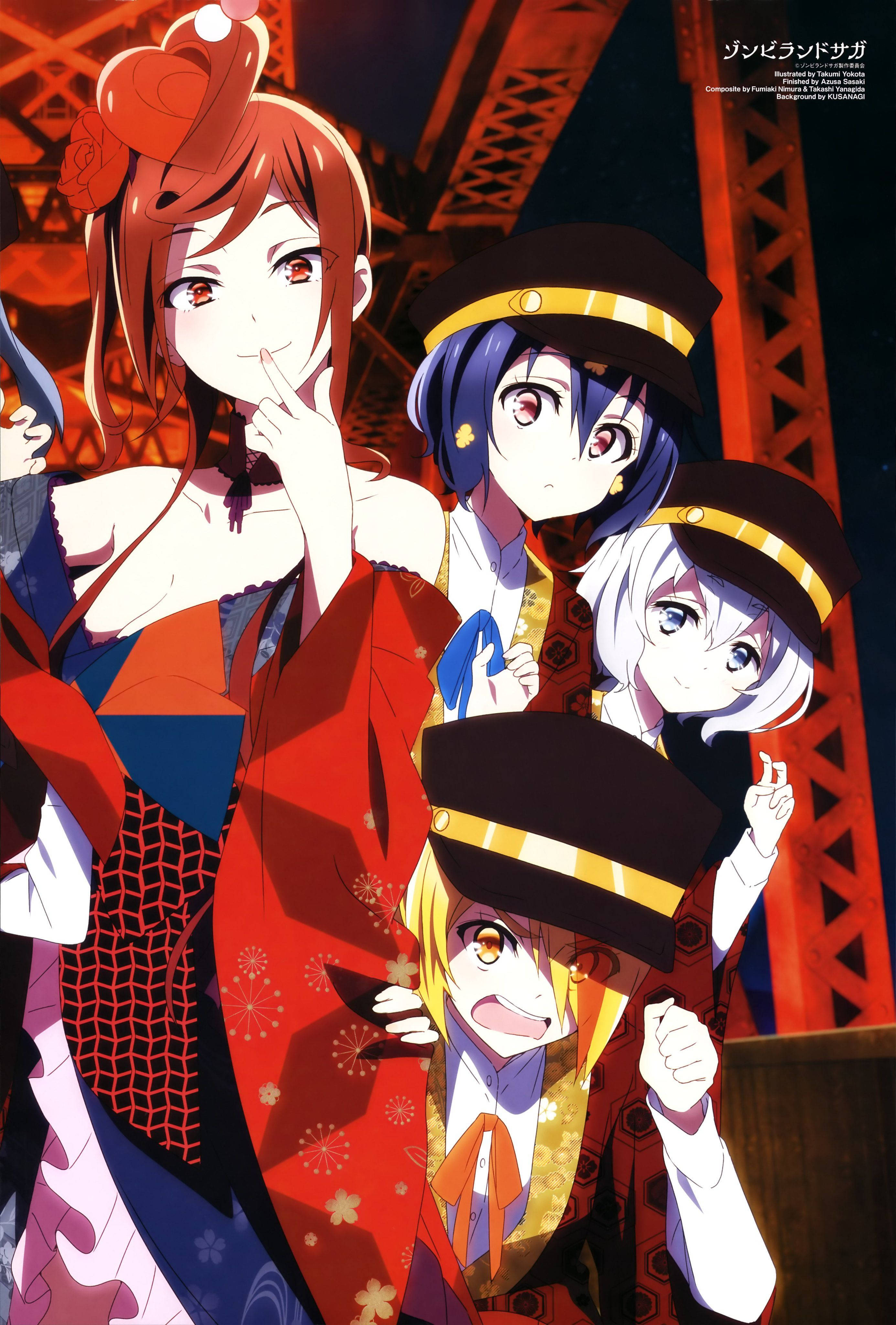 Zombie Land Saga 角色穿紅衣 壁紙 — 四個動漫女孩穿著節日服裝，在夜晚發光的紅色東京塔前愉快地擺姿勢。