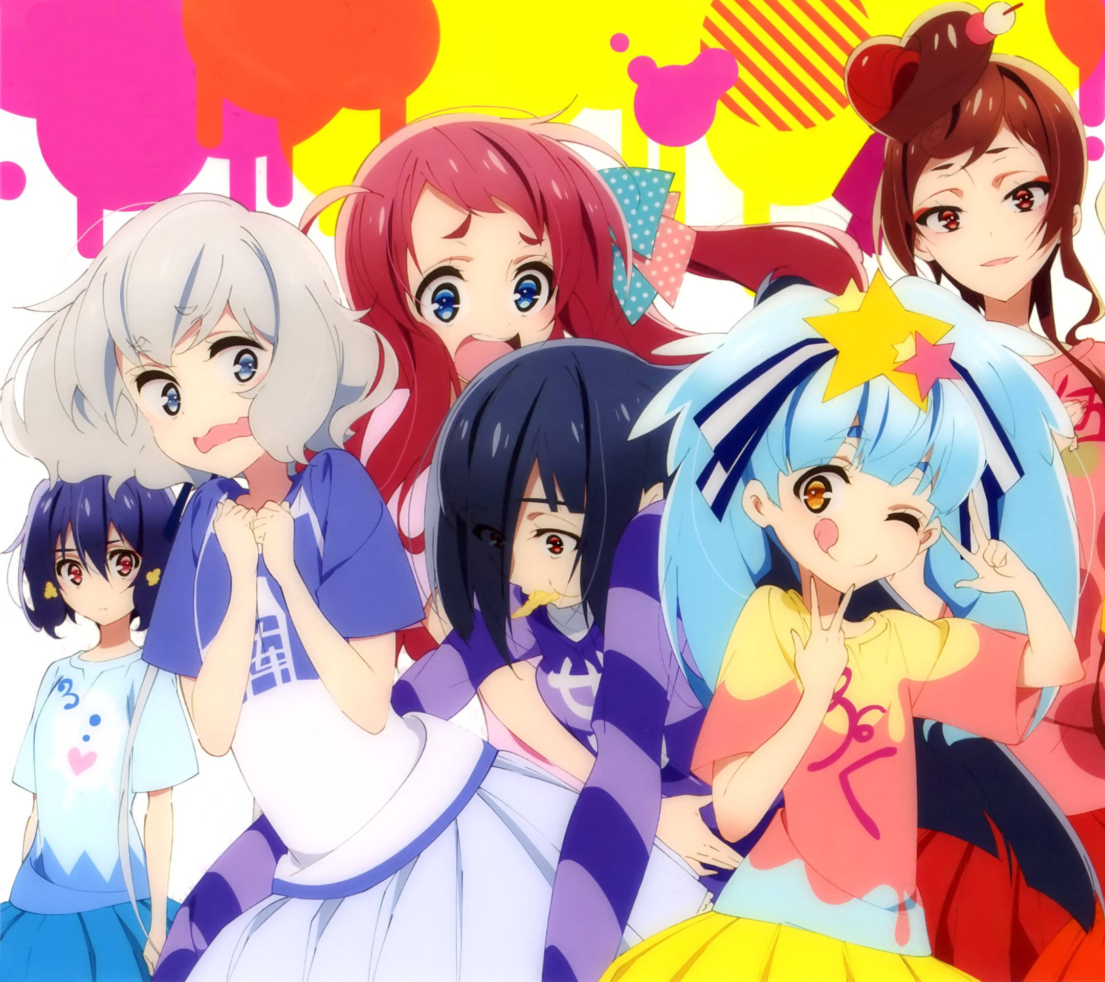 可愛的 Zombie Land Saga 角色 壁紙 — 充滿活力的動漫女孩，擁有色彩繽紛的頭髮和富有表情的臉龐，在明亮的抽象背景前開心地擺姿勢。