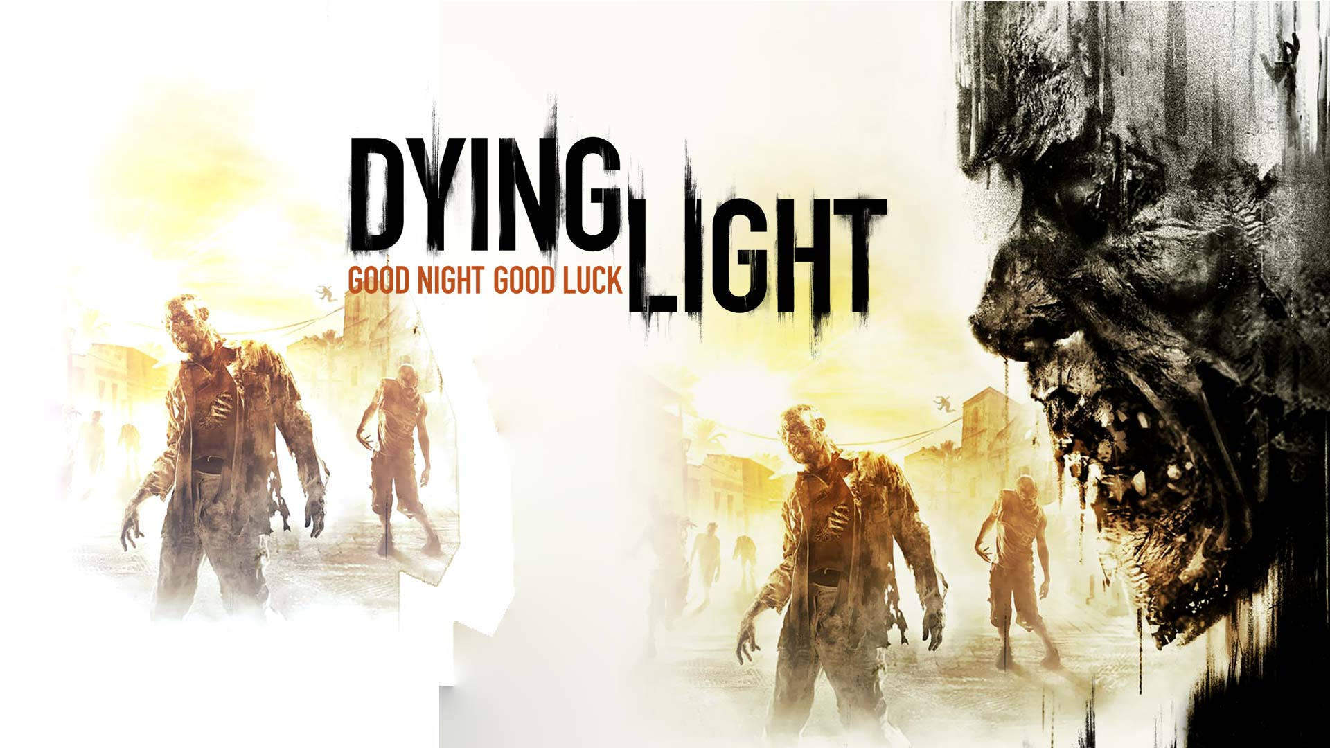 《Dying Light》生存遊戲封面 壁紙 — 喪屍在陽光明媚的廢墟城市景觀中行進，這是一張粗獷的電子遊戲宣傳海報。