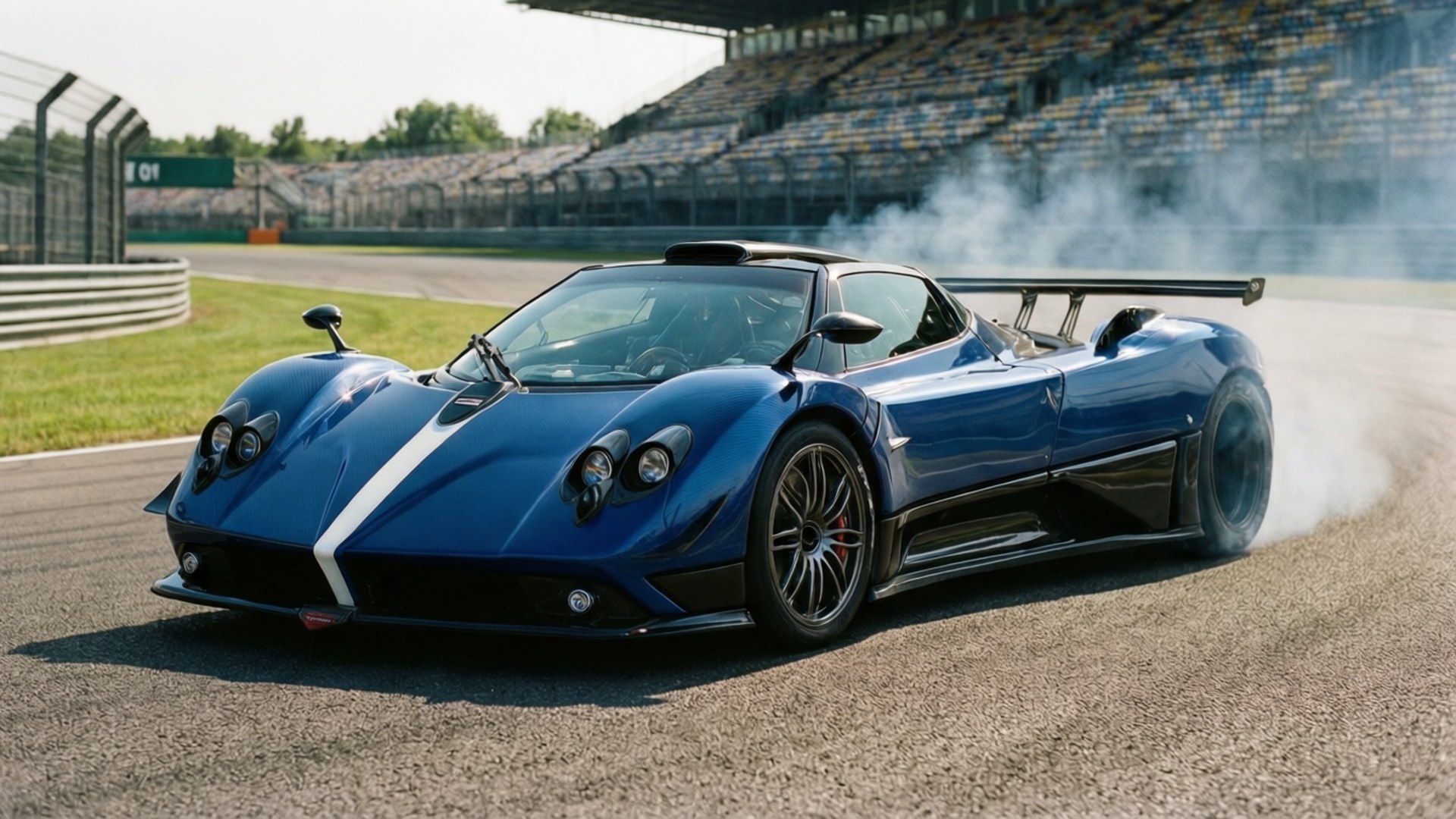 藍色Pagani Zonda跑車在賽道飄移，輪胎冒煙