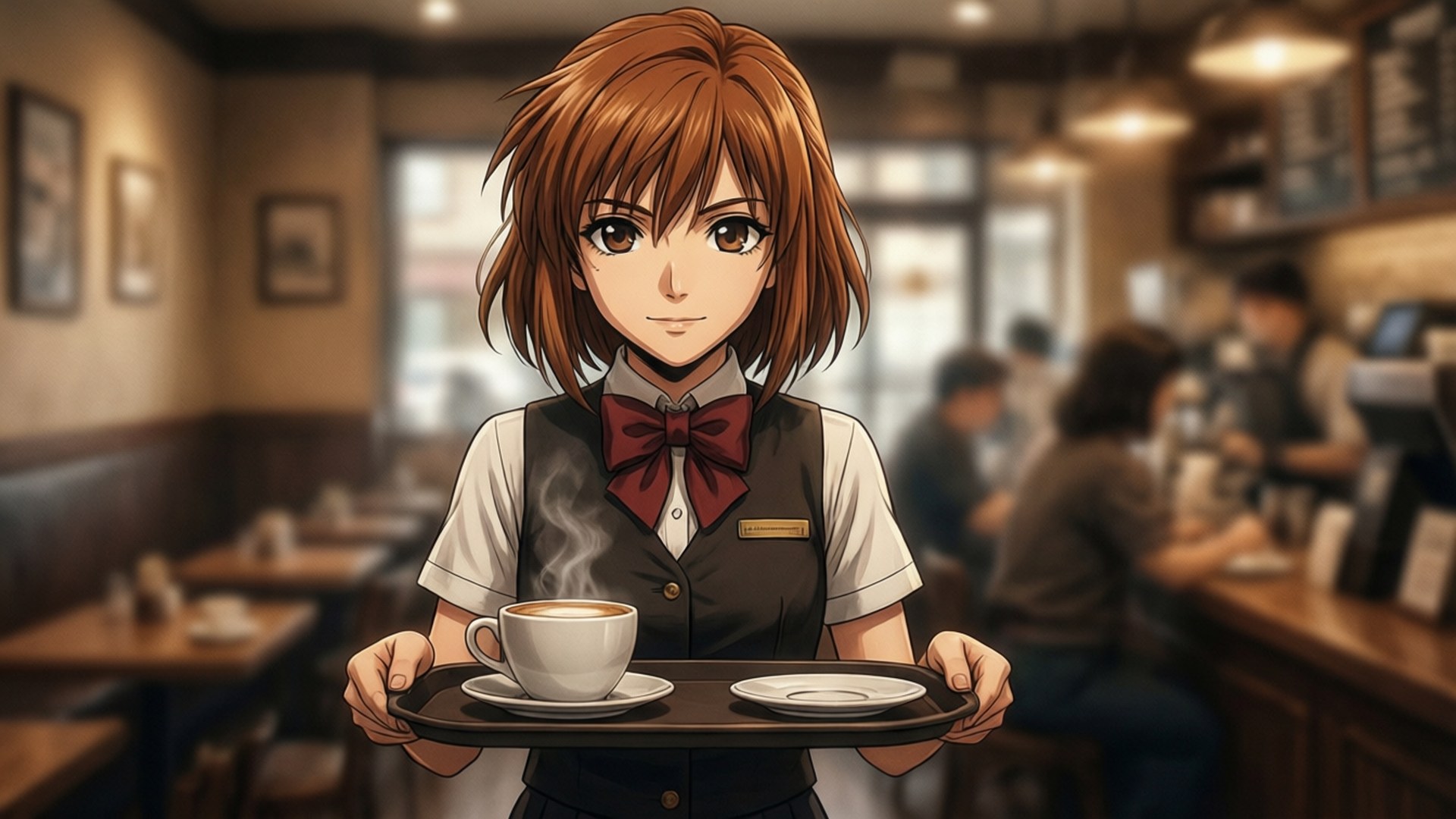 kimi ga nozomu eien 桌布 壁紙 — 棕色頭髮的動漫女侍應在舒適的咖啡館中提供冒煙的咖啡，環境有溫暖的燈光和模糊的顧客。