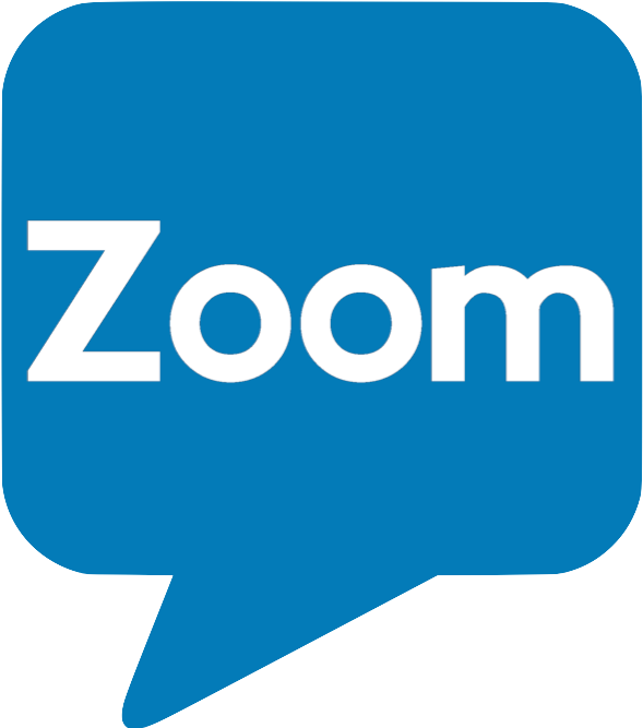 Zoom 藍色對話框標誌 壁紙 — 一個大膽的藍色對話氣泡圖標，內部居中帶有白色 'Zoom' 文字。