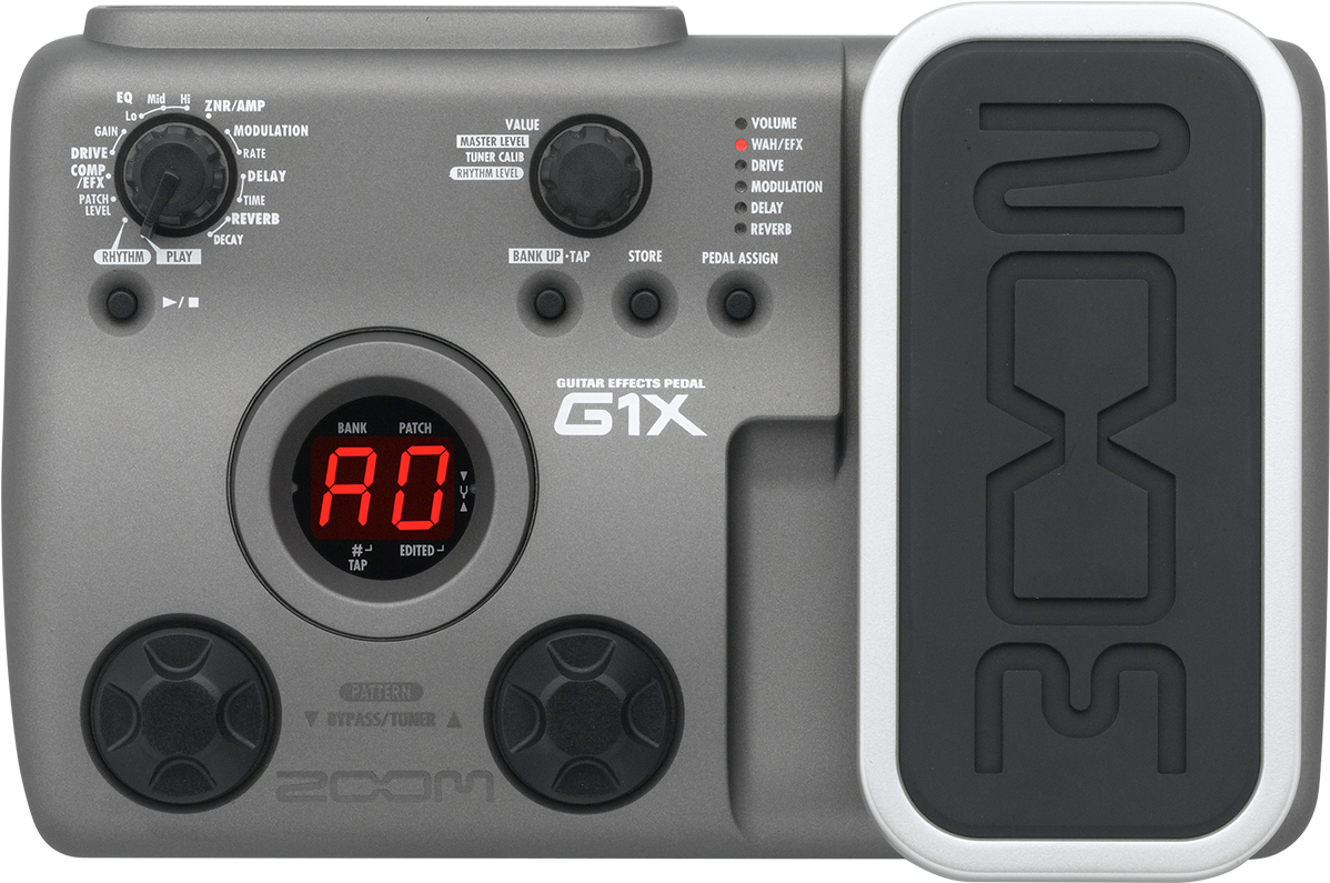 Zoom G1 X 吉他效果器 壁紙 — 灰色Zoom G1X結他效果踏板特寫，帶有紅色數碼顯示屏和黑色旋鈕，背景為白色。