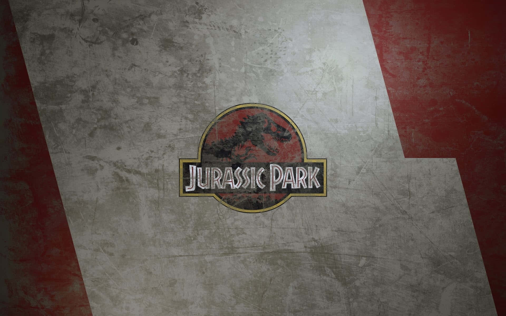 透過Zoom進入侏羅紀公園世界 壁紙 — Jurassic Park 標誌居中於帶有紅色斜紋和粗糙質感的風化混凝土牆上。