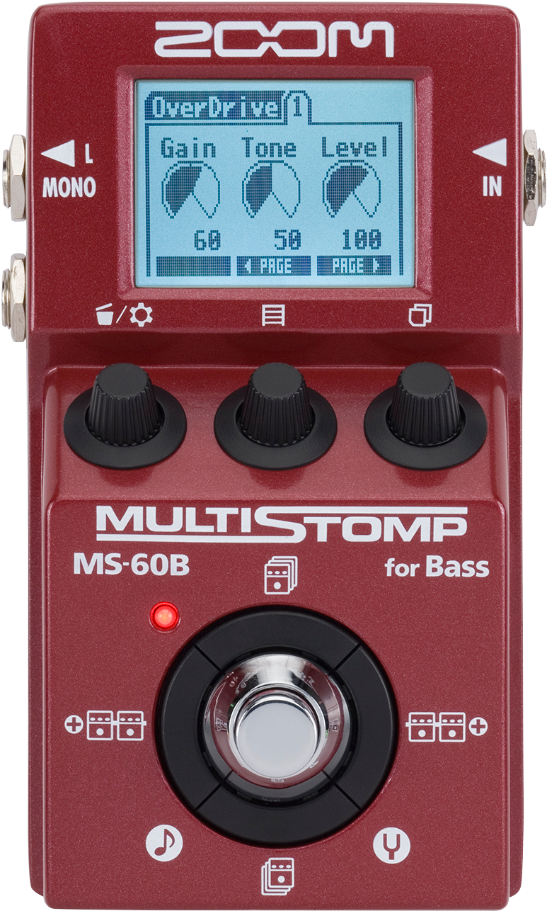 Zoom MultiStomp MS-60B 基士多效果踏板 壁紙 — 紅色 Zoom MultiStomp MS-60B 低音結他效果踏板，帶有旋鈕和顯示 OverDrive 設定的藍色 LCD 屏幕。