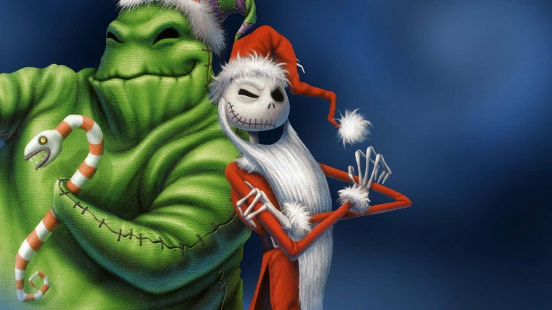 「Zoom」出2020：Grinch 壁紙 — Jack Skellington 同綠色鬼魂戴住聖誕帽，喺深藍色背景前同拐杖糖蛇一齊擺甫士。