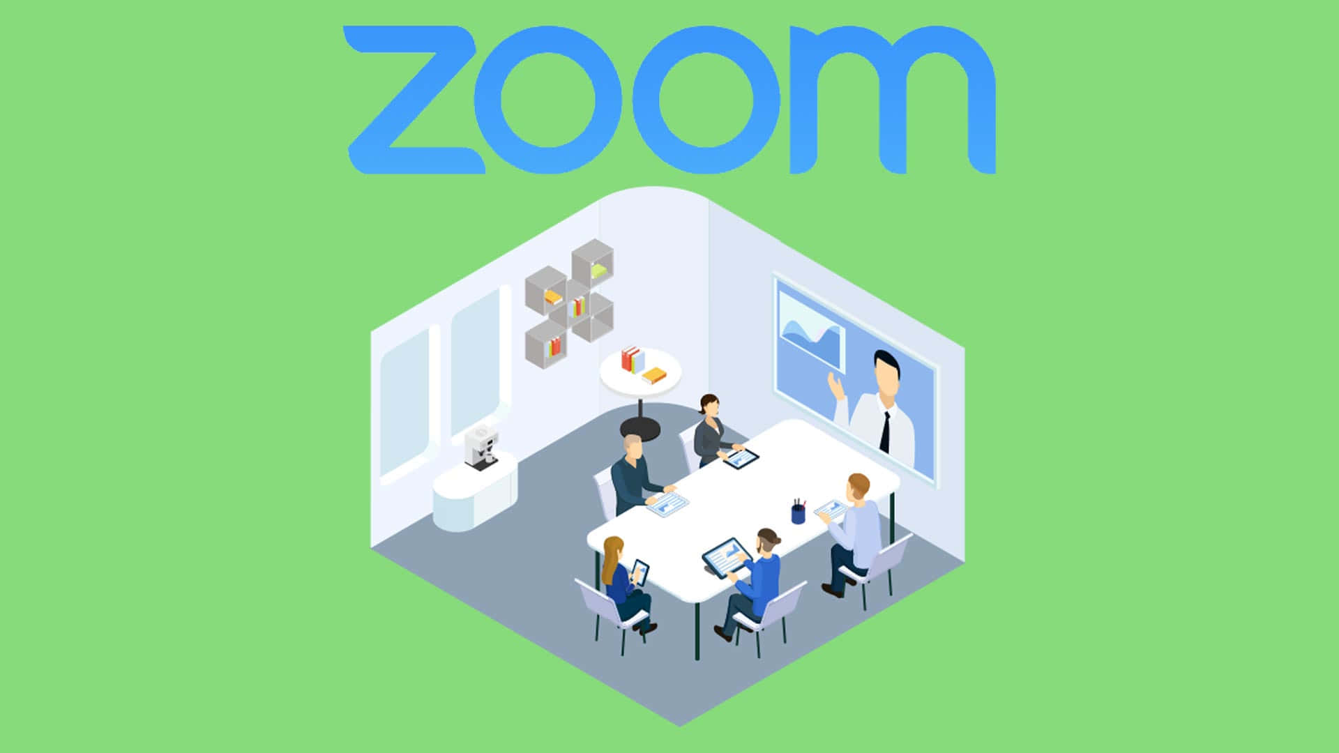 會議室內五人使用筆記本電腦和平板電腦進行Zoom通話。