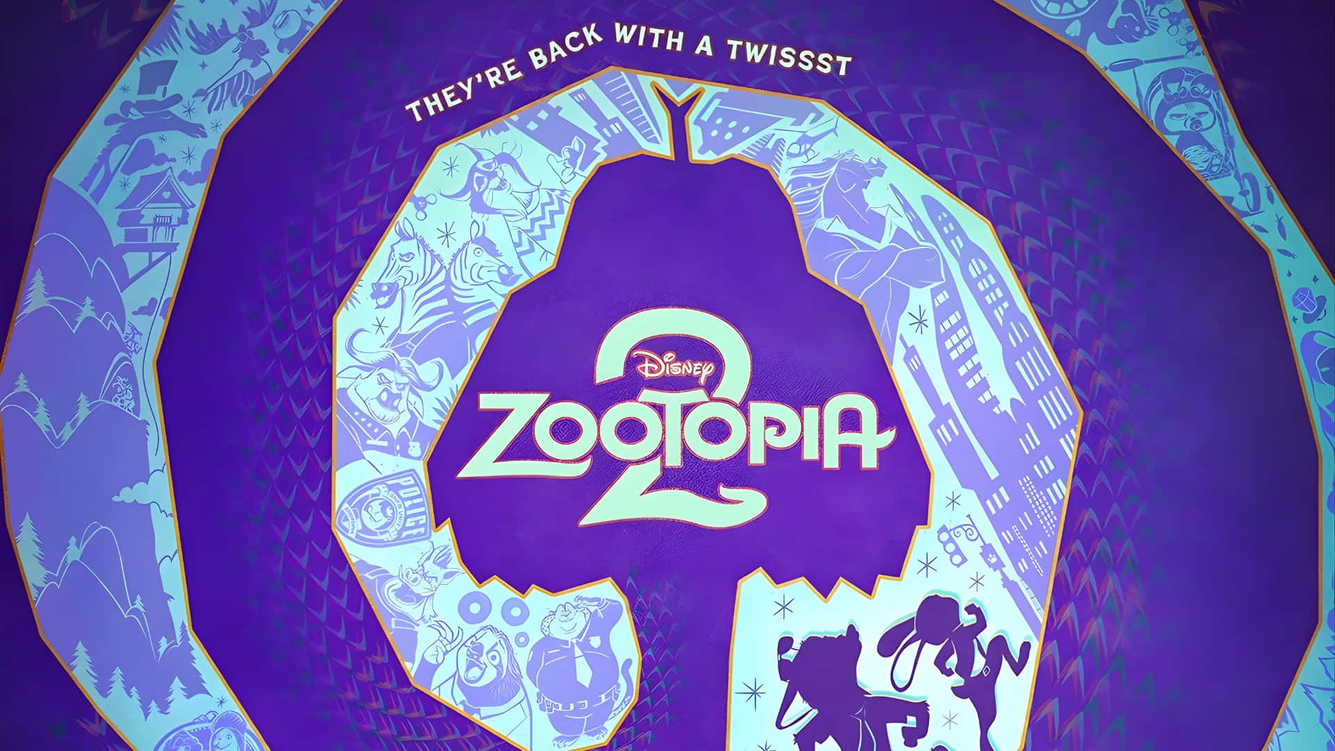  壁紙 — Zootopia 2 的鮮豔紫色和藍綠色宣傳海報，具有風格化的動物角色和城市景觀圖案。