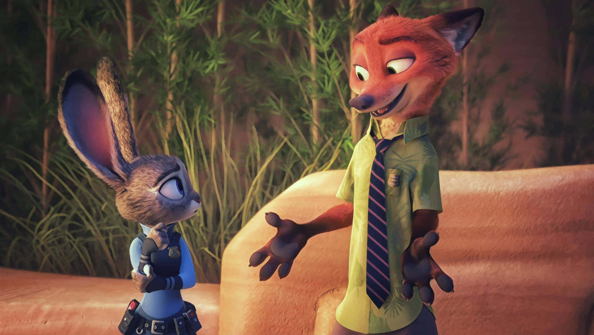 Zootopia 尼克·威爾德與朱迪·霍普斯場景 壁紙 — 一隻穿著綠色襯衫和領帶的狐狸在森林中愉快地向兔子警官做手勢。
