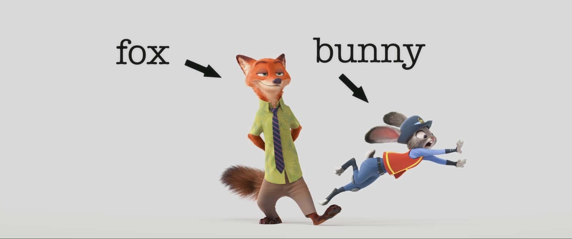Zootopia 尼克與朱迪角色 壁紙 — 一隻自信的狐狸穿著襯衫和領帶，走過一隻穿著警察制服、正在奔跑的受驚兔子。