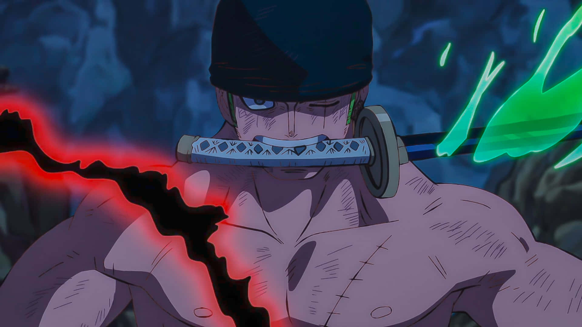 動漫角色嘴裡叼著劍，在黑暗洞穴中發出紅色和綠色能量